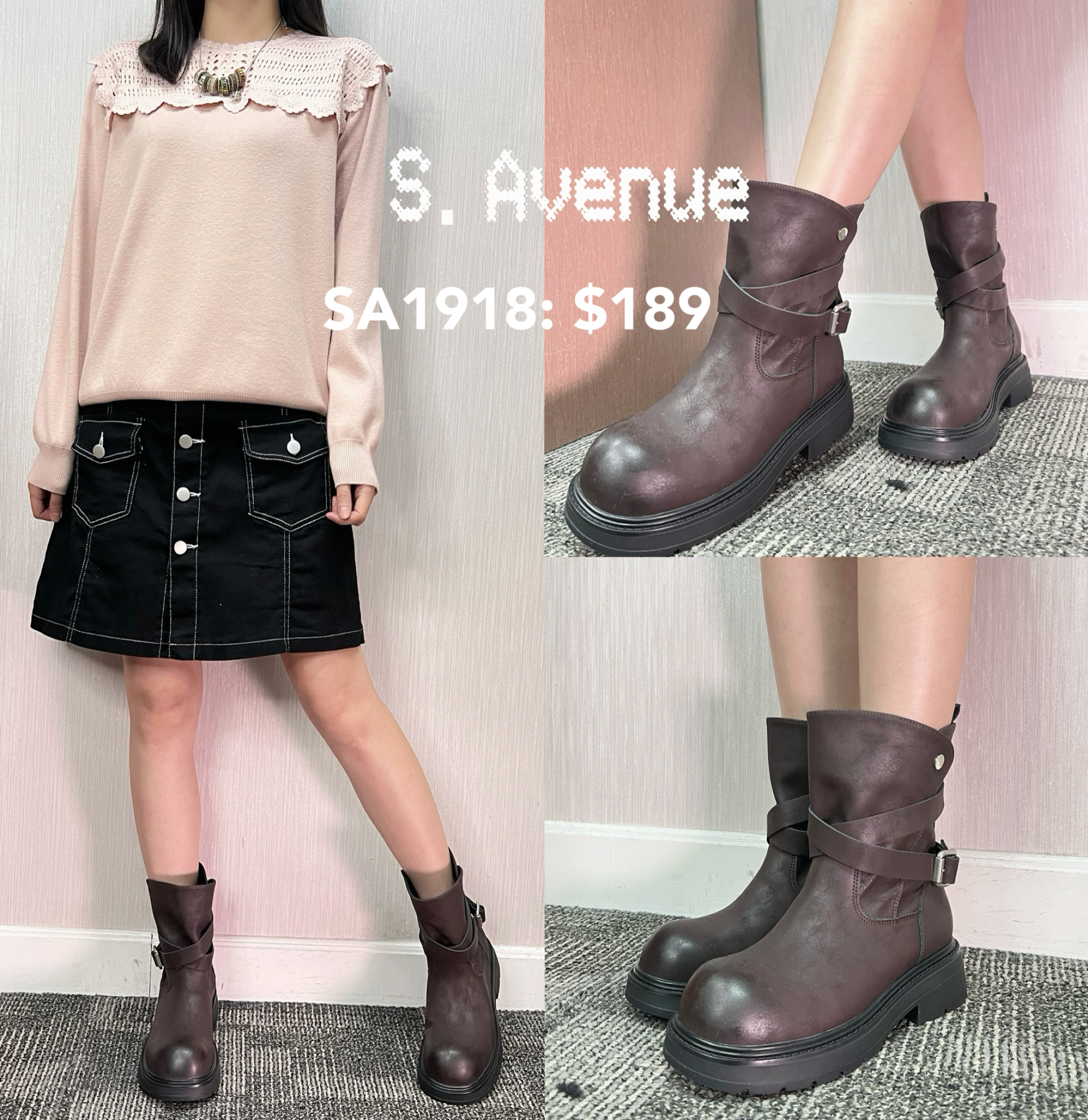 SA1916:  圓頭交叉帶仿皮厚底boot