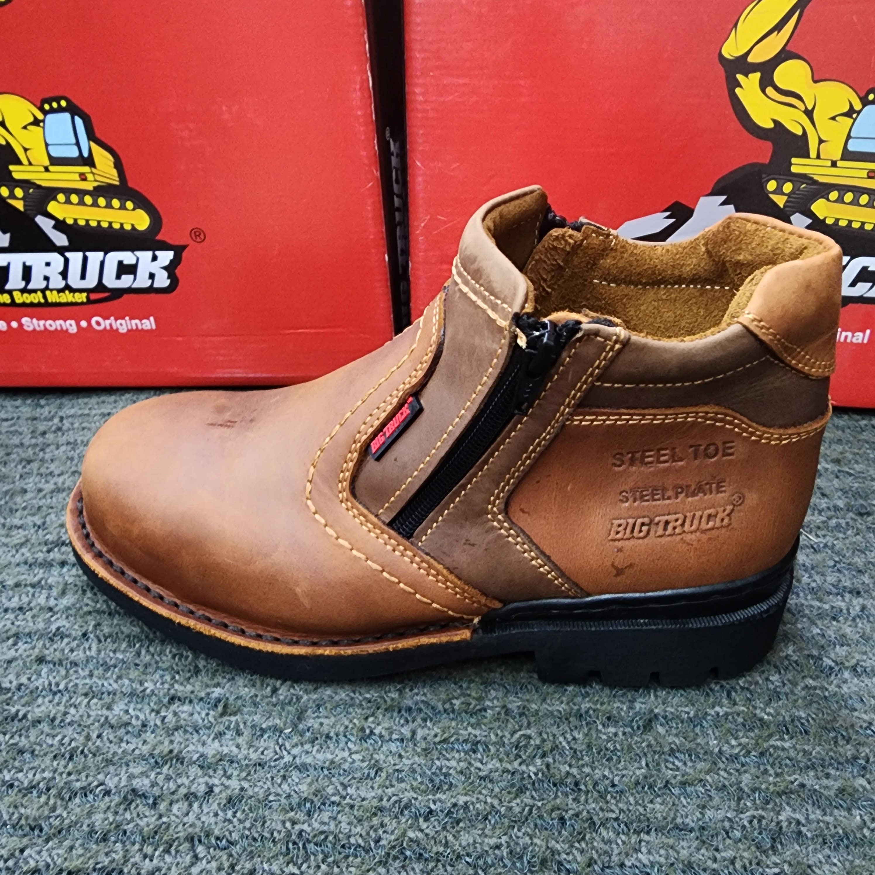 Big Truck SS 8019 Safety Shoe with Dual Zip MID CUT Brown Kasut Keselamatan