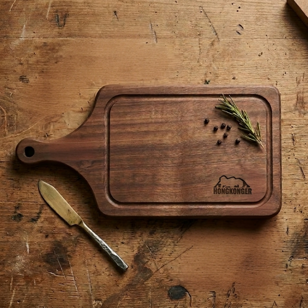 【免費刻字】HONGKONGER 獅子山原木手柄擺盤 / 實木砧板 (連防漏汁坑槽)