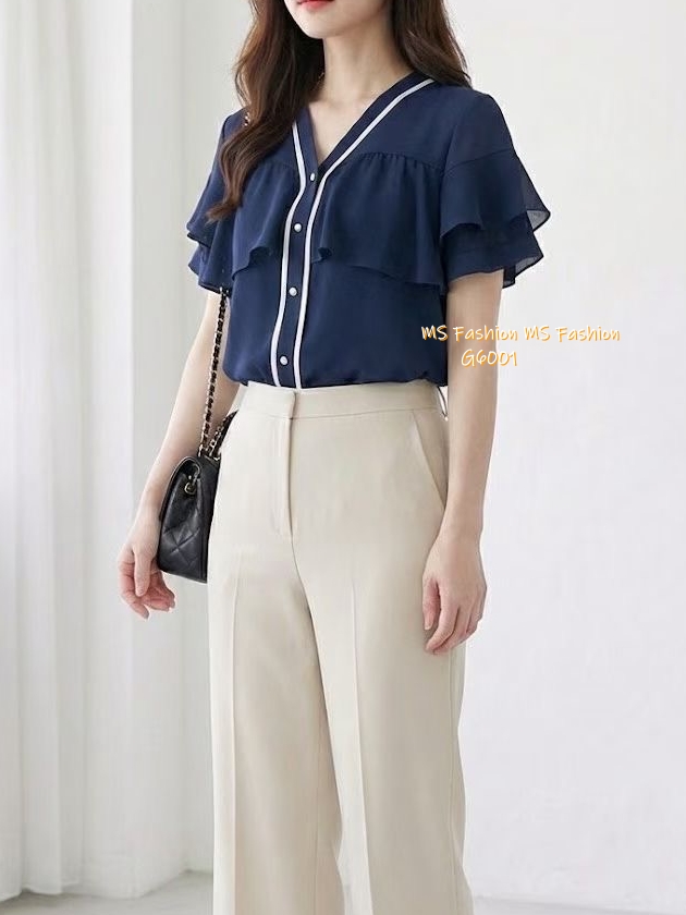 G6001 韓國🇰🇷靚料V領ruffle top