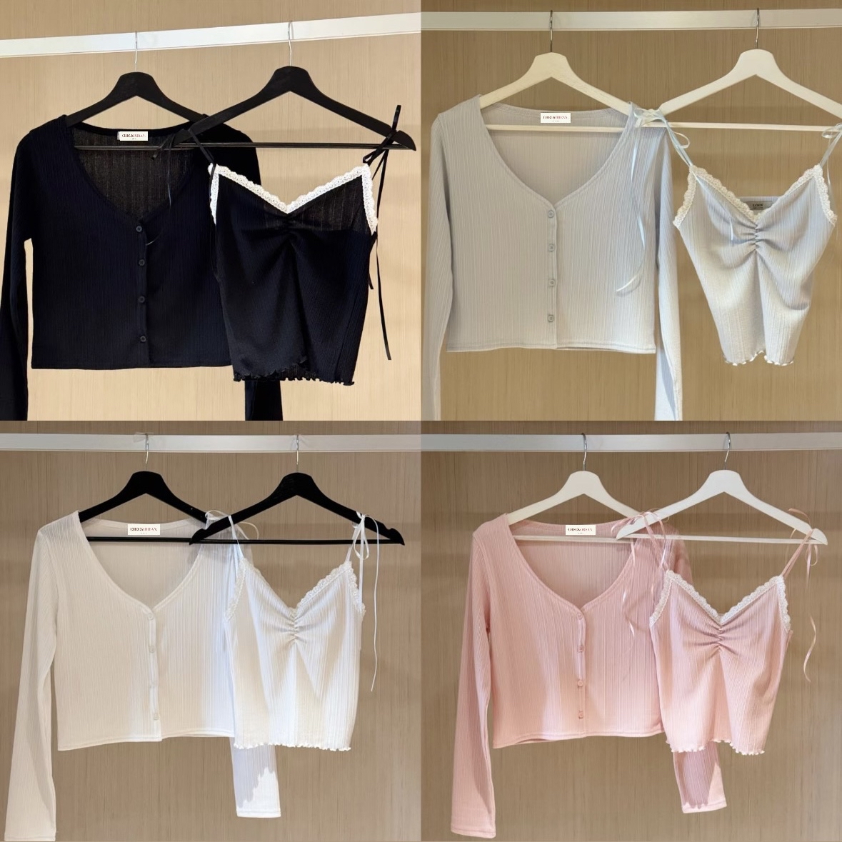 【 🫧 ♪ 今期推薦！冰藍色🧊～極致芭蕾舞院風🩵皺褶心形領絲帶背心 + 超修身直紋兩穿外套˚ʚɞ 】 Blue Valentine Cardigan Top Set(四色入)