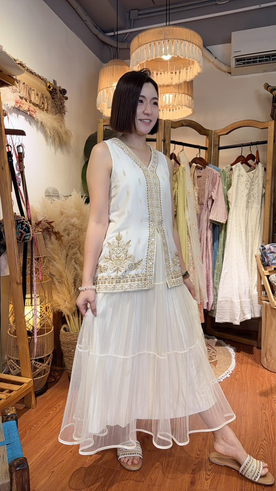 3509 Pearl White Full Emb Floral Y Neck Top