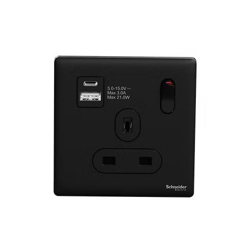 施耐德 Unica X 曜石黑 13A單蘇有掣連Type A+C USB 插座