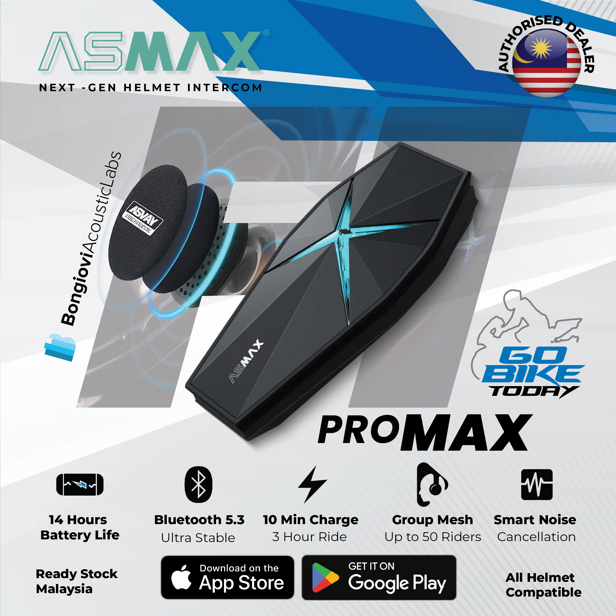 ASMAX F1 Pro MAX Mesh Intercom | Interkom Bluetooth Premium Motosikal | Diluluskan MCMC Malaysia