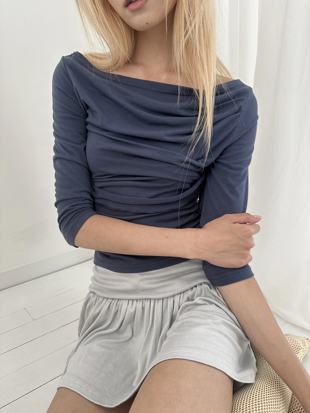 Asymmetric Ruched Boatneck Top