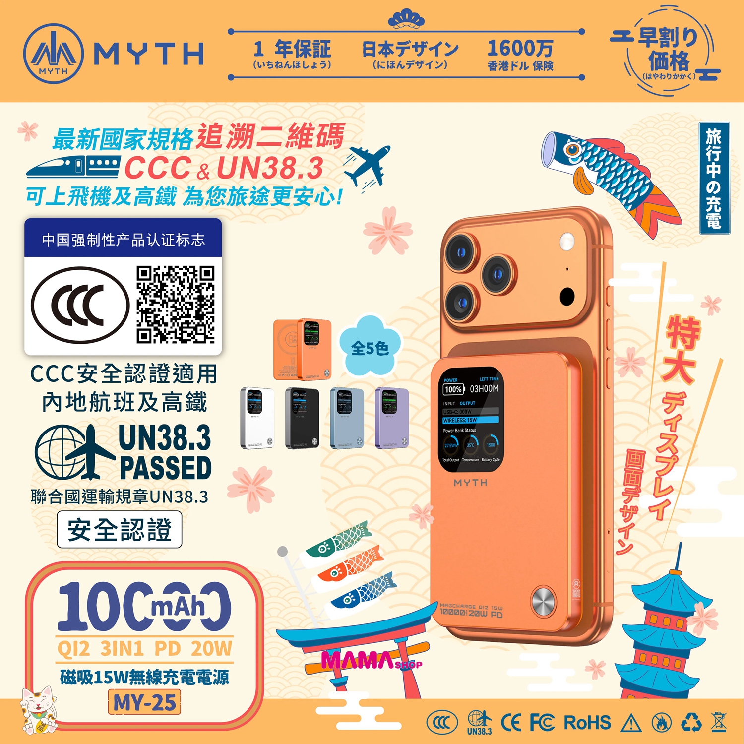 Myth MY25 3合1 PD20W Q12移動電源10000mAh 磁吸15 | 1.8寸特大FTF顯示屏(3C可追溯二維碼)