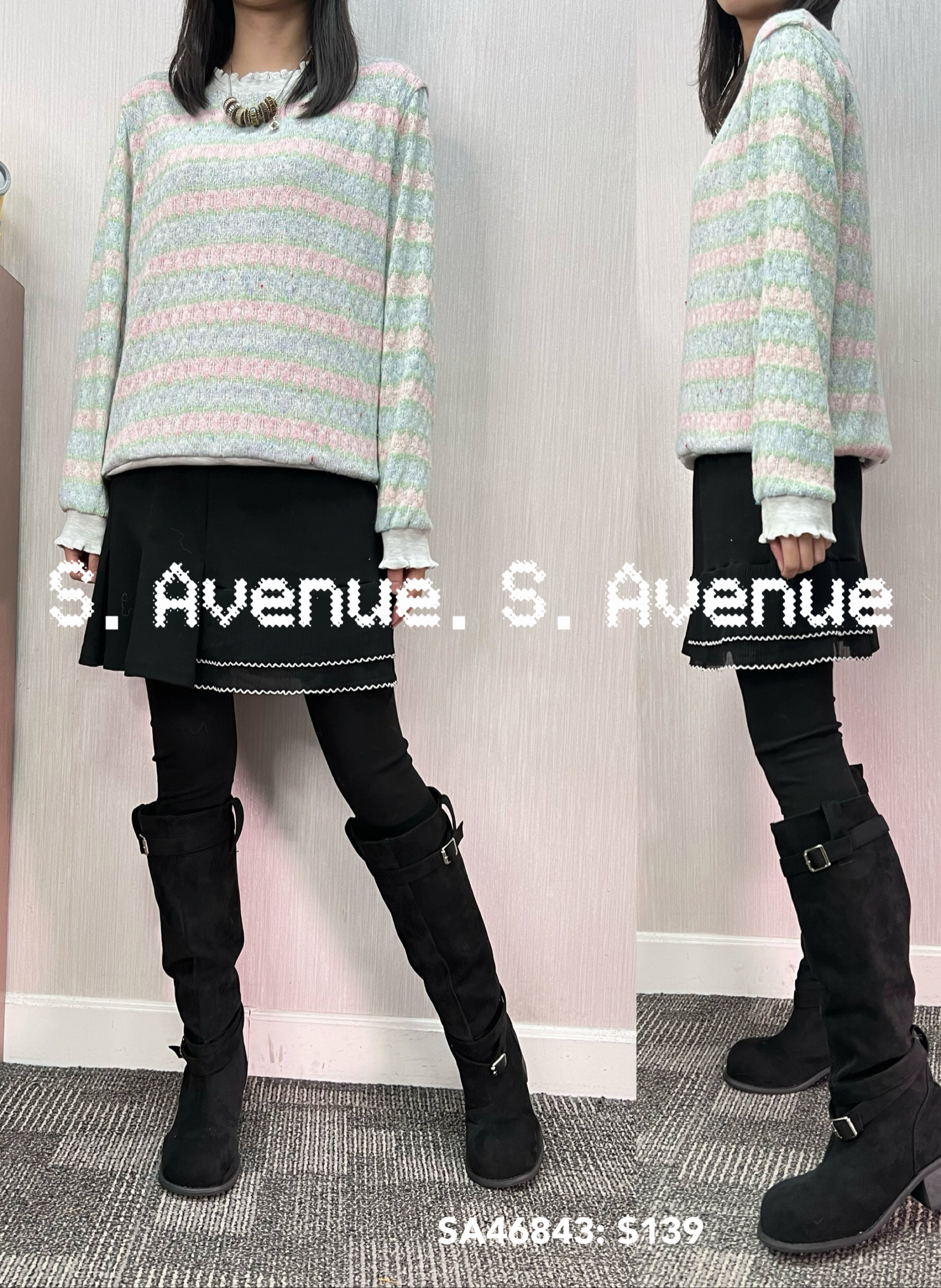 SA46842: 長袖波浪邊領橫間毛lace top