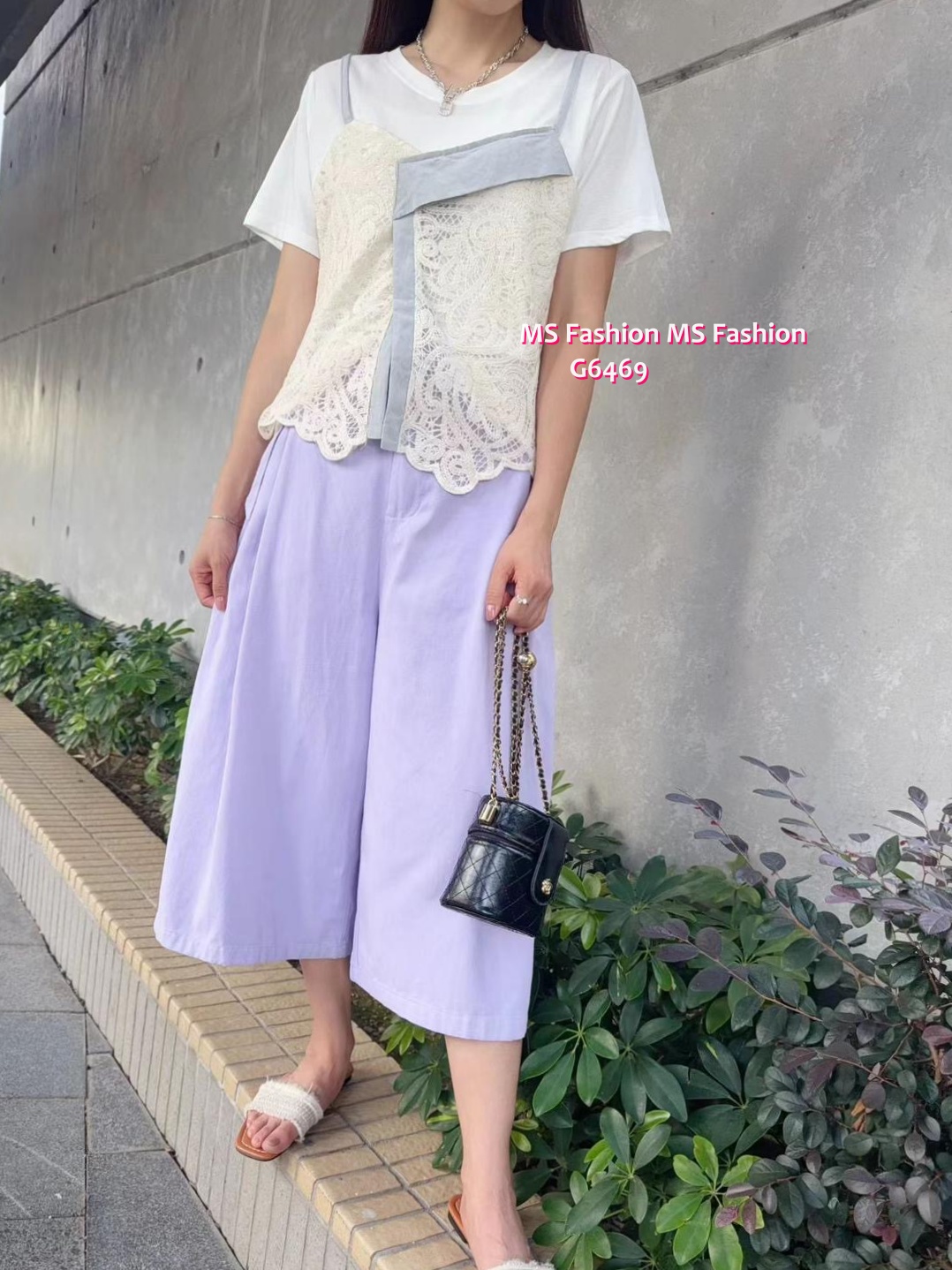 G6469 假兩件拼lace top