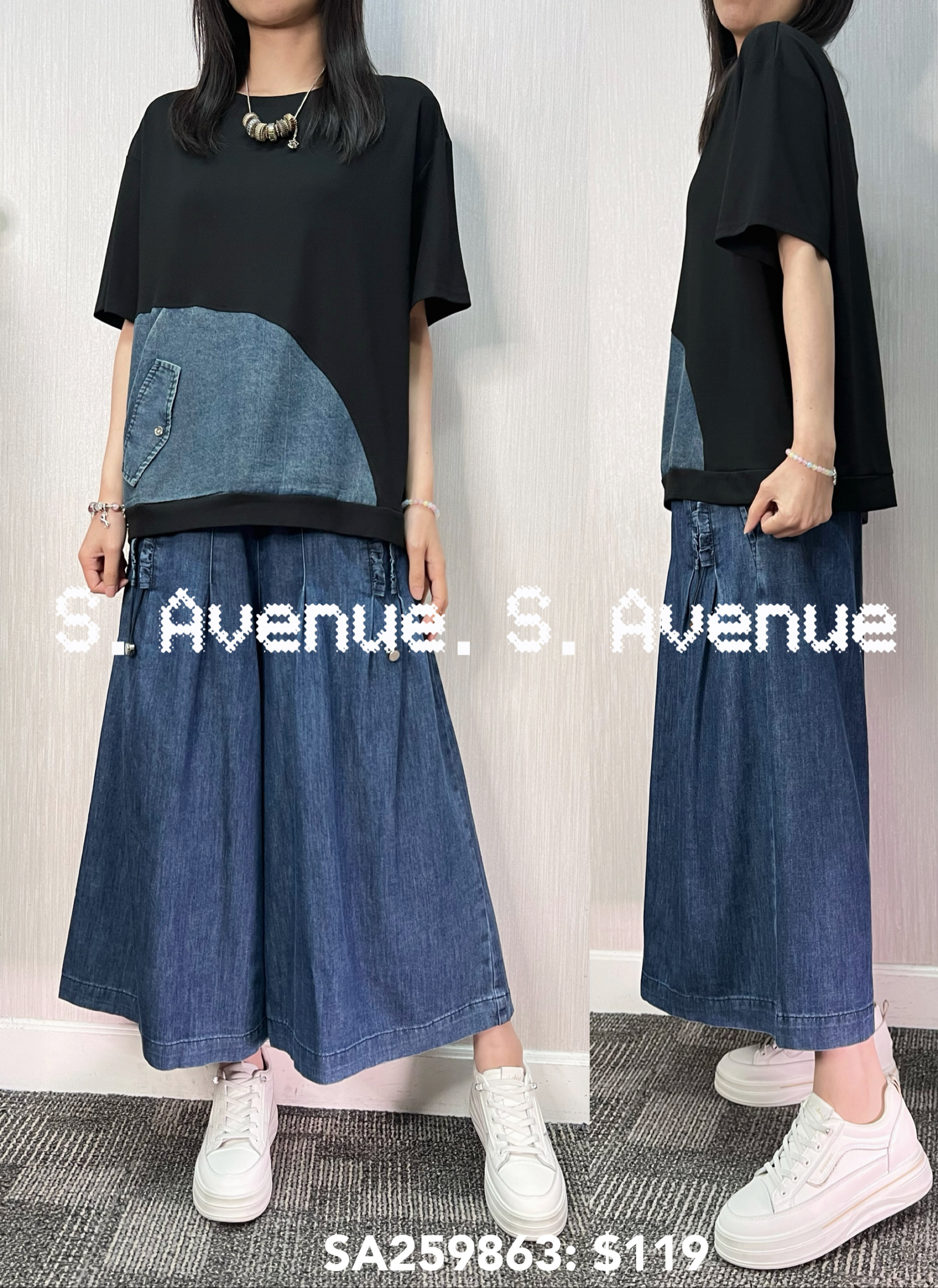 SA259863: 短袖拼牛仔tee