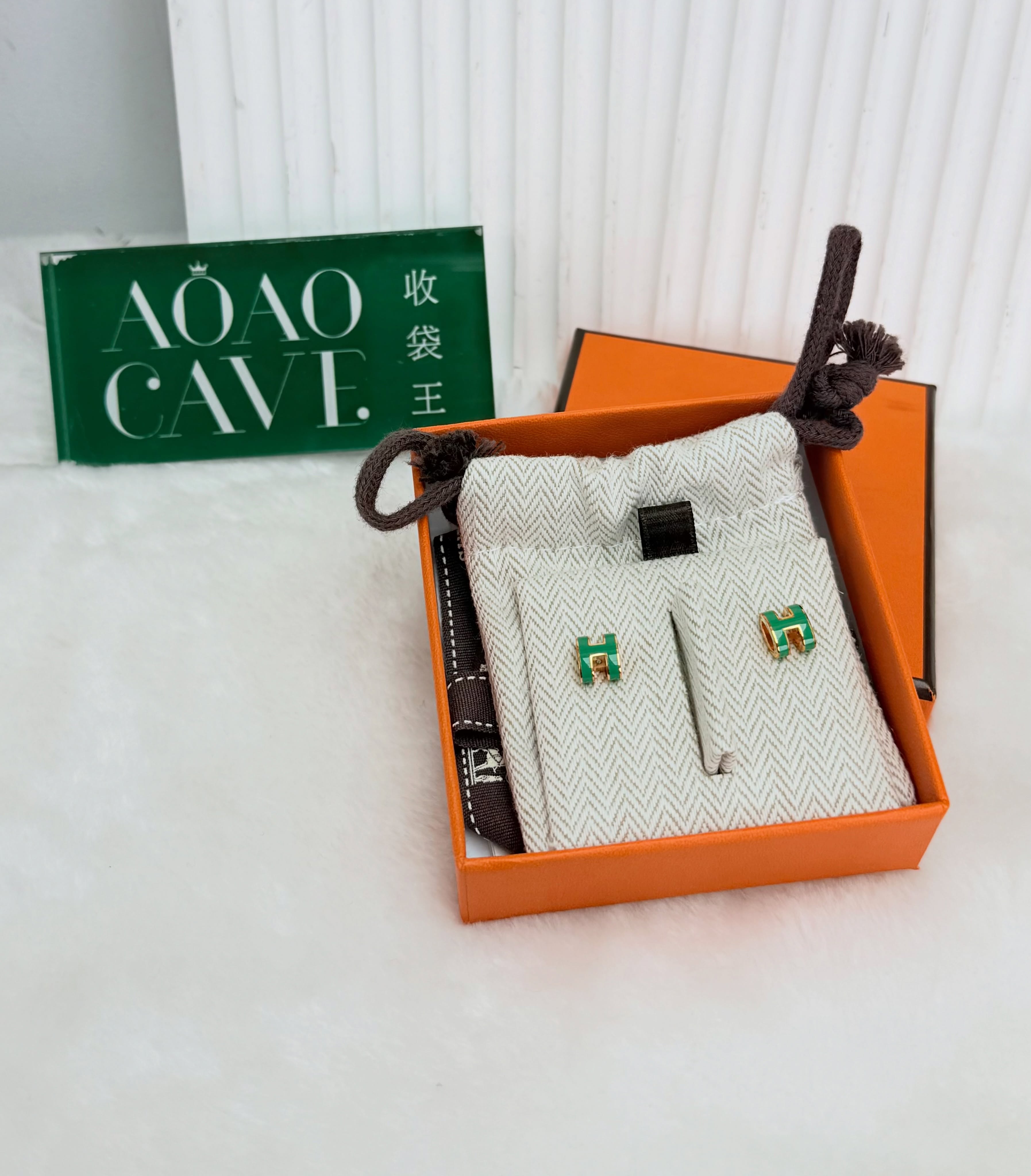 Hermes 🤍PRE OWNED👜 Mini Pop H 綠色金色耳環 全套💚