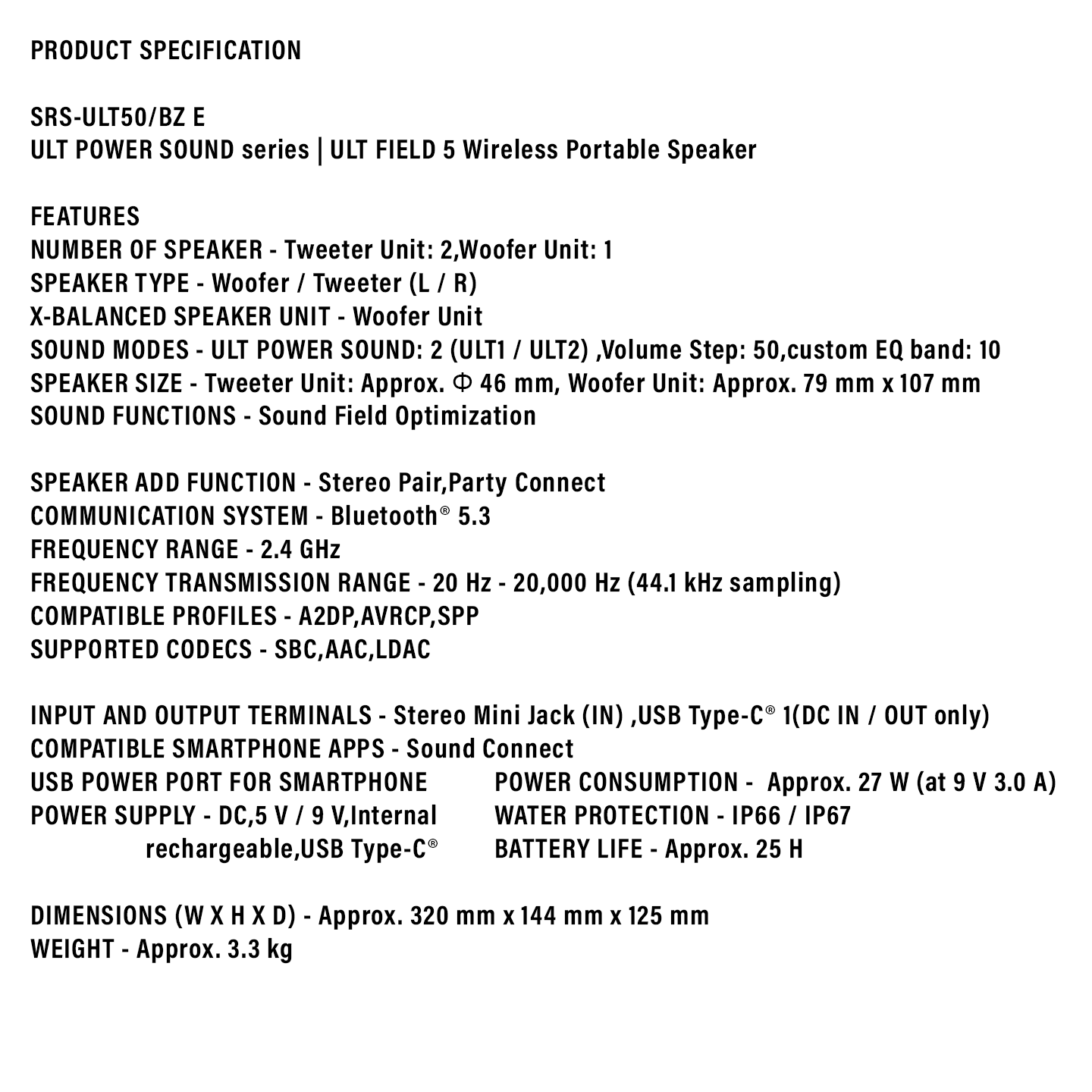 Sony ULT Series Wireless Speaker Black (SRS-ULT50)