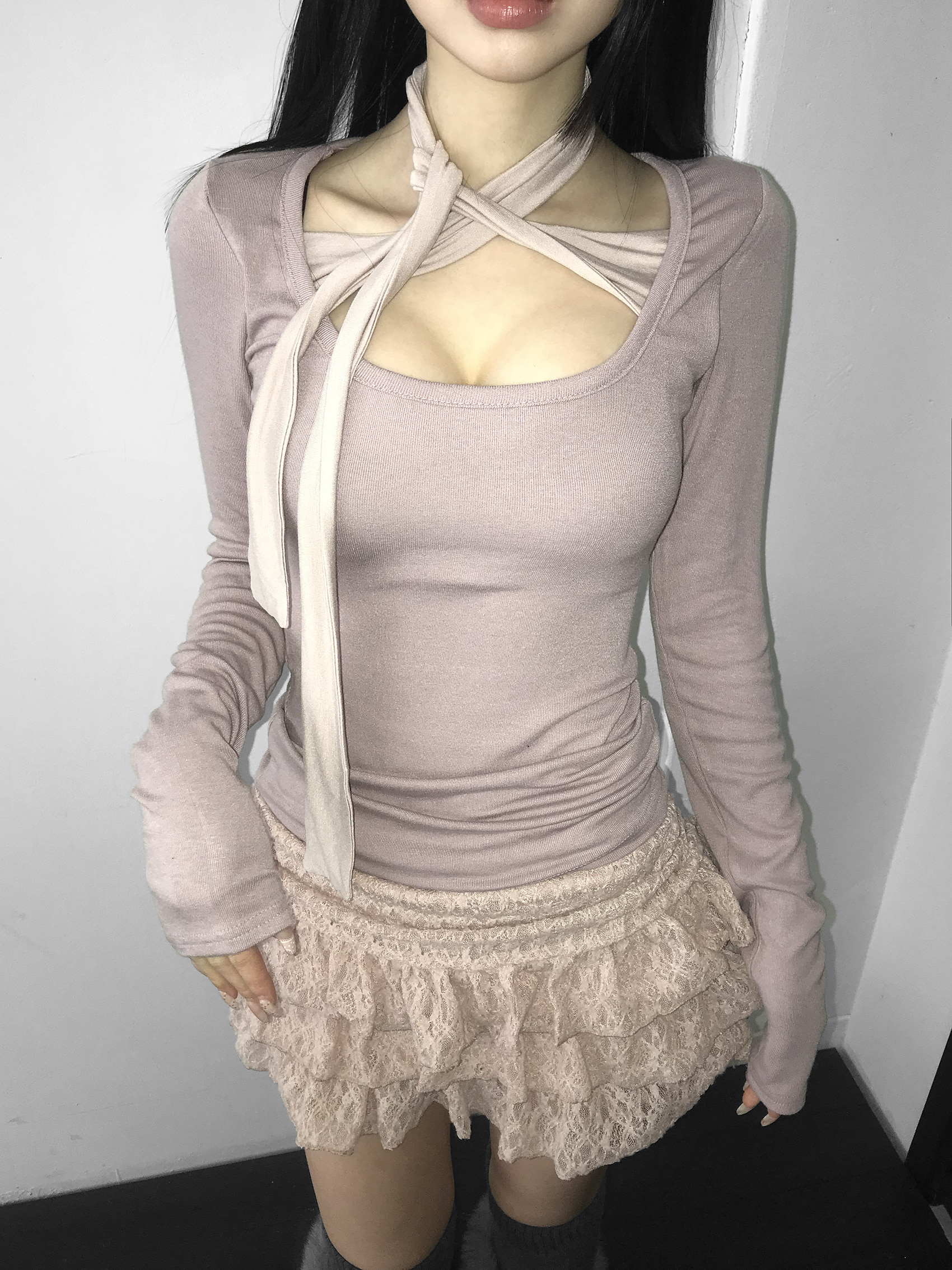 Tie-Front U Neck Long Sleeve Top