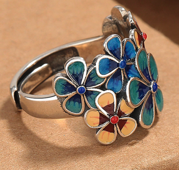 Vintage Bohemian Stylish Cloisonne Enamel Floral Adjustable Open Ring