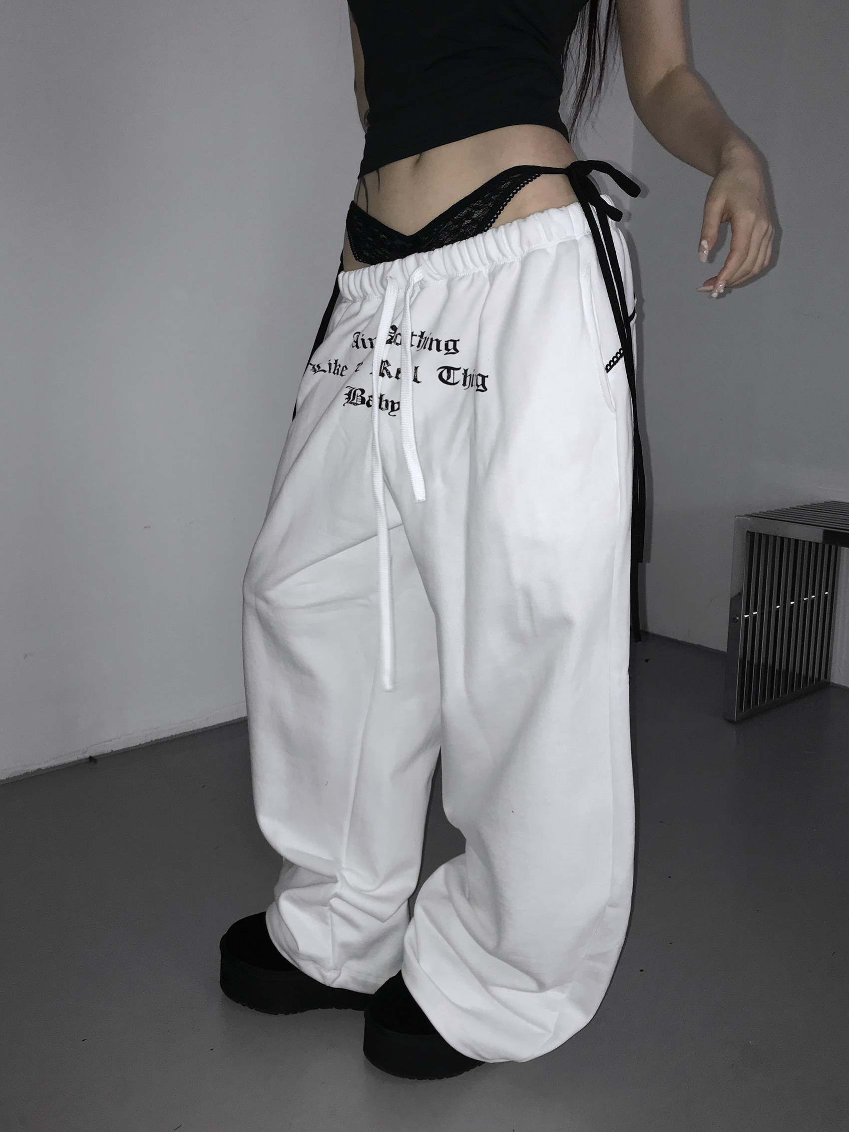 Layered Lace Waist Graphic Wide Leg Pants