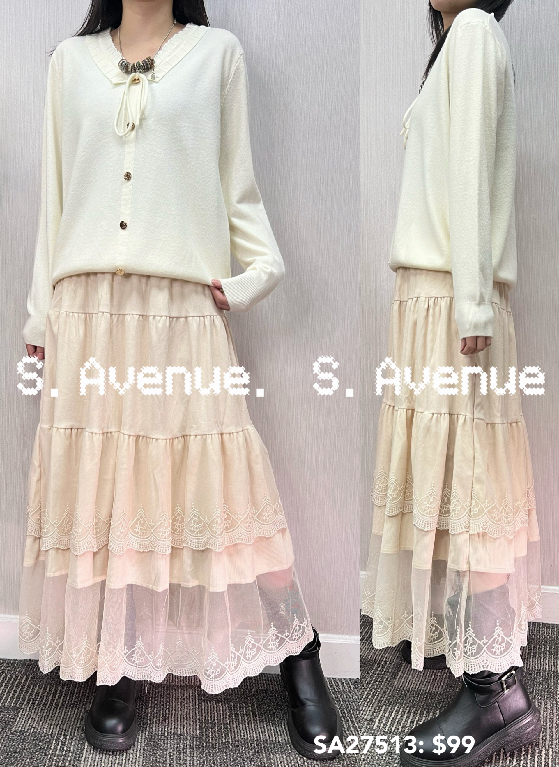 SA27513: 長袖V領綁帶假鈕top