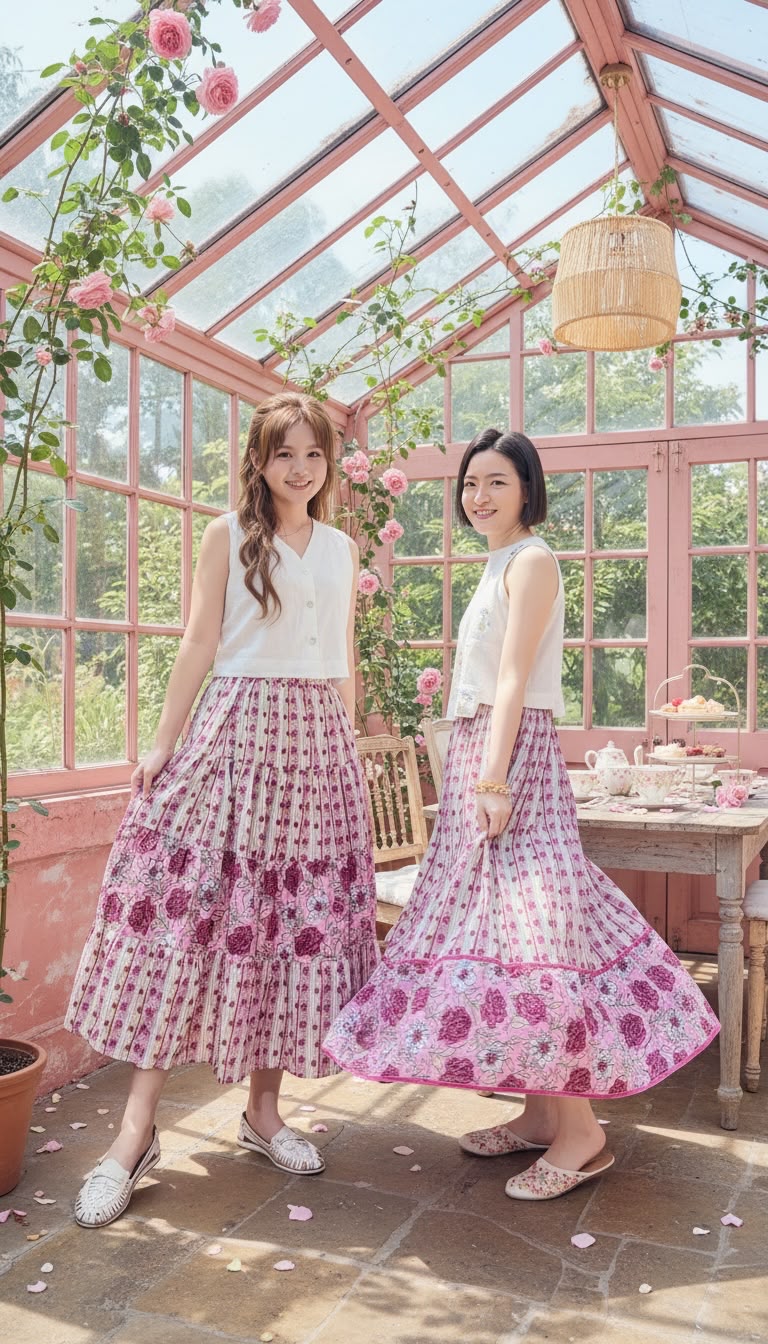 SSD006 White x Pink Flower 3-Layer Skirt 37"