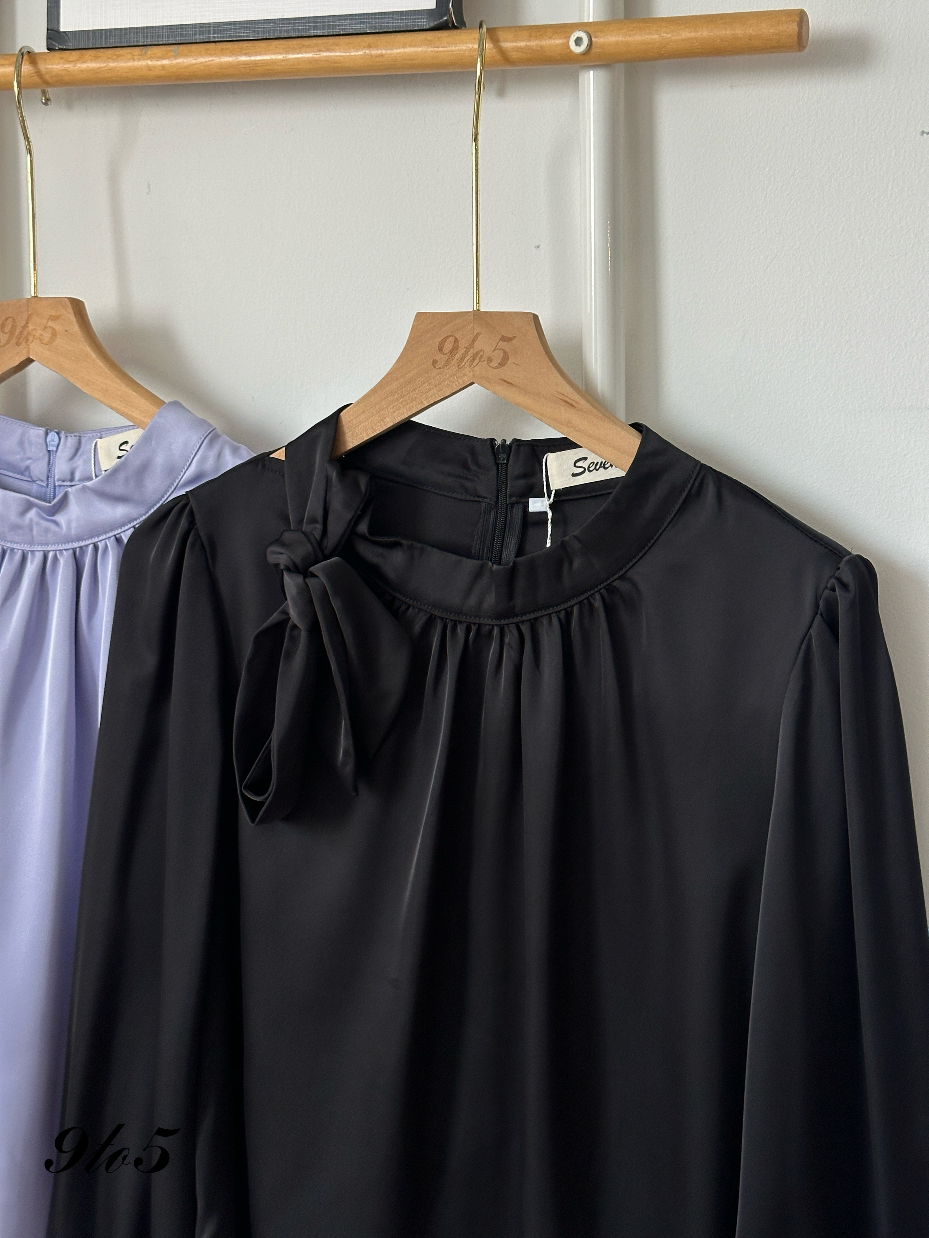 T4030 Tie Neck Satin Blouse - Purple & Black