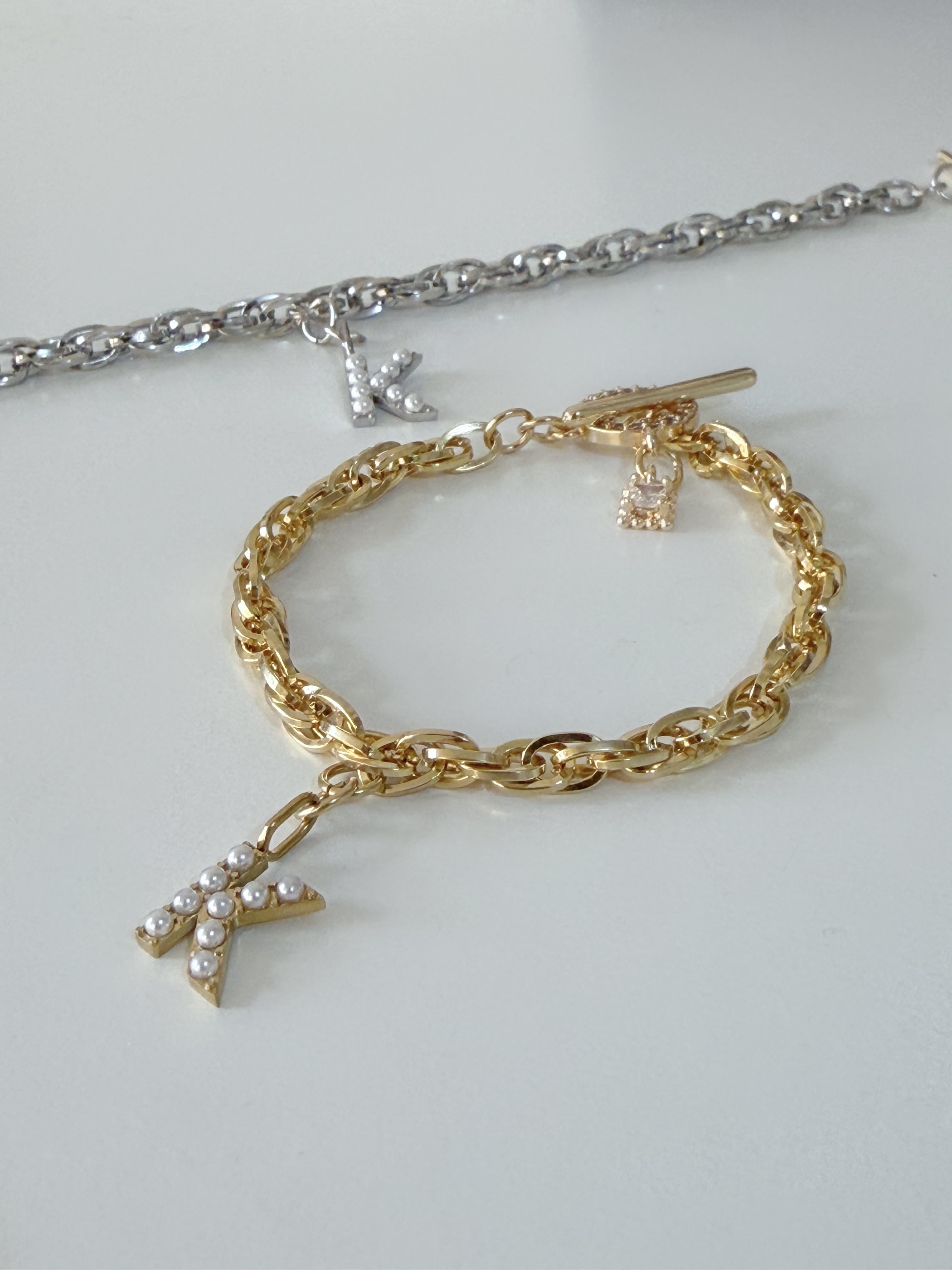 復古珍珠字母手鍊/頸鍊 銀色8mm鍊