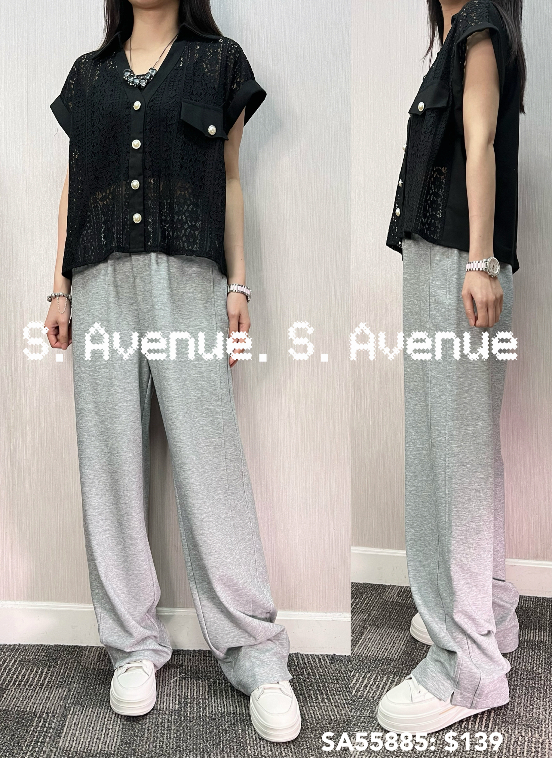 SA55885: 短袖有領V領lace shirt