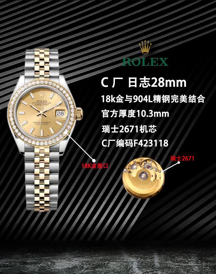 Clean/CS厂🌐—— 白金与904L精钢完美结合——劳力士日志型28mm 专为女性而设计的经典时计，技术而美观的结合不负期望，本次日志型28mm再次从细节入手，本次特点： 1.外壳以最纯粹的904钢原材料制造，狗牙圈以白金材质打造，CNC技术让圈口菱角更加立体，无毛刺，直径、内径尺寸吻合原装！表壳厚度10.3mm与原装一致！ 更提一点是表冠白金材质与圈口搭配吻合原装，表冠旋入式双扣锁双重防水系统！ 2.镜面抗刮损蓝水晶玻璃，防反光凸透式放大日历窗！ 3.劳力士表盘特点的皇冠logo，C厂还是技放术攻克了！还有各种特点的刻度丁都媲美原装，如下面细节图！ 4.采用瑞士2671机芯（参数28800）非国产2671！此机芯无论走时还是摆幅都比nh05机芯更好！虽然有点小贵，但好货不便宜！ 5.C厂用原装开模所谓的新款双头粒904L不锈钢钢带，月牙湾的中珠，厚度偏薄，对于女性手腕会更加贴服，看起来比较美观！如上细节图