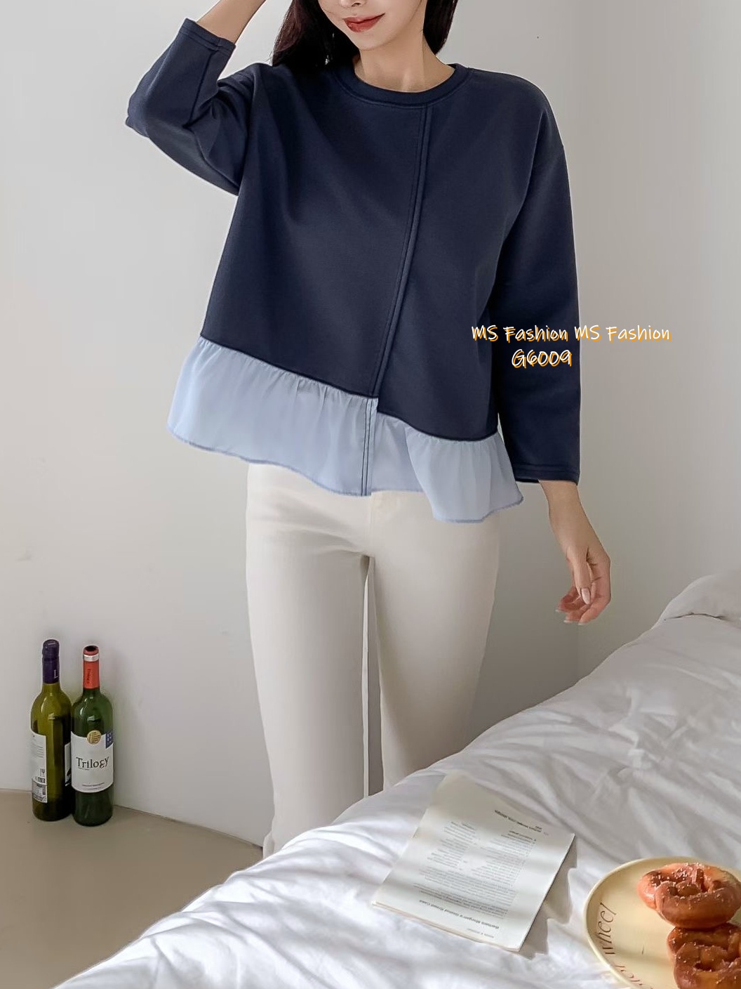 G6009 韓國🇰🇷拼色ruffle衫腳top