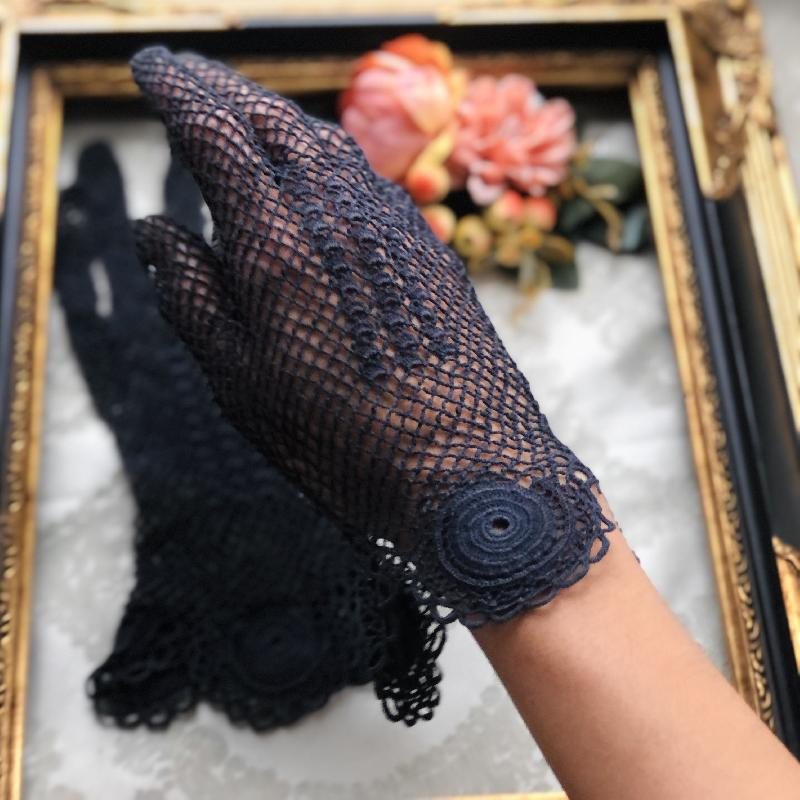 RARE! Vintage Pre-1950s Midnight Blue Hand-Crocheted Rose Trimmed and Square Motif Pattern Gloves (MT1916)