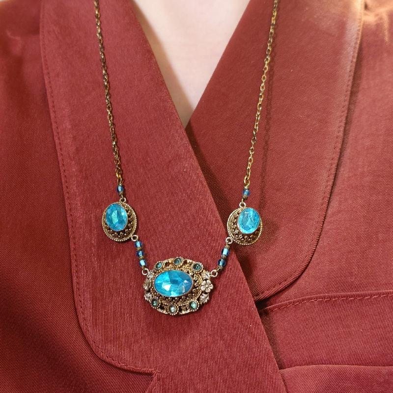 Antique Czechoslovakian 1920s Or Earlier Hand Bezel Set Blue Glass Filigree Necklace (C003)
