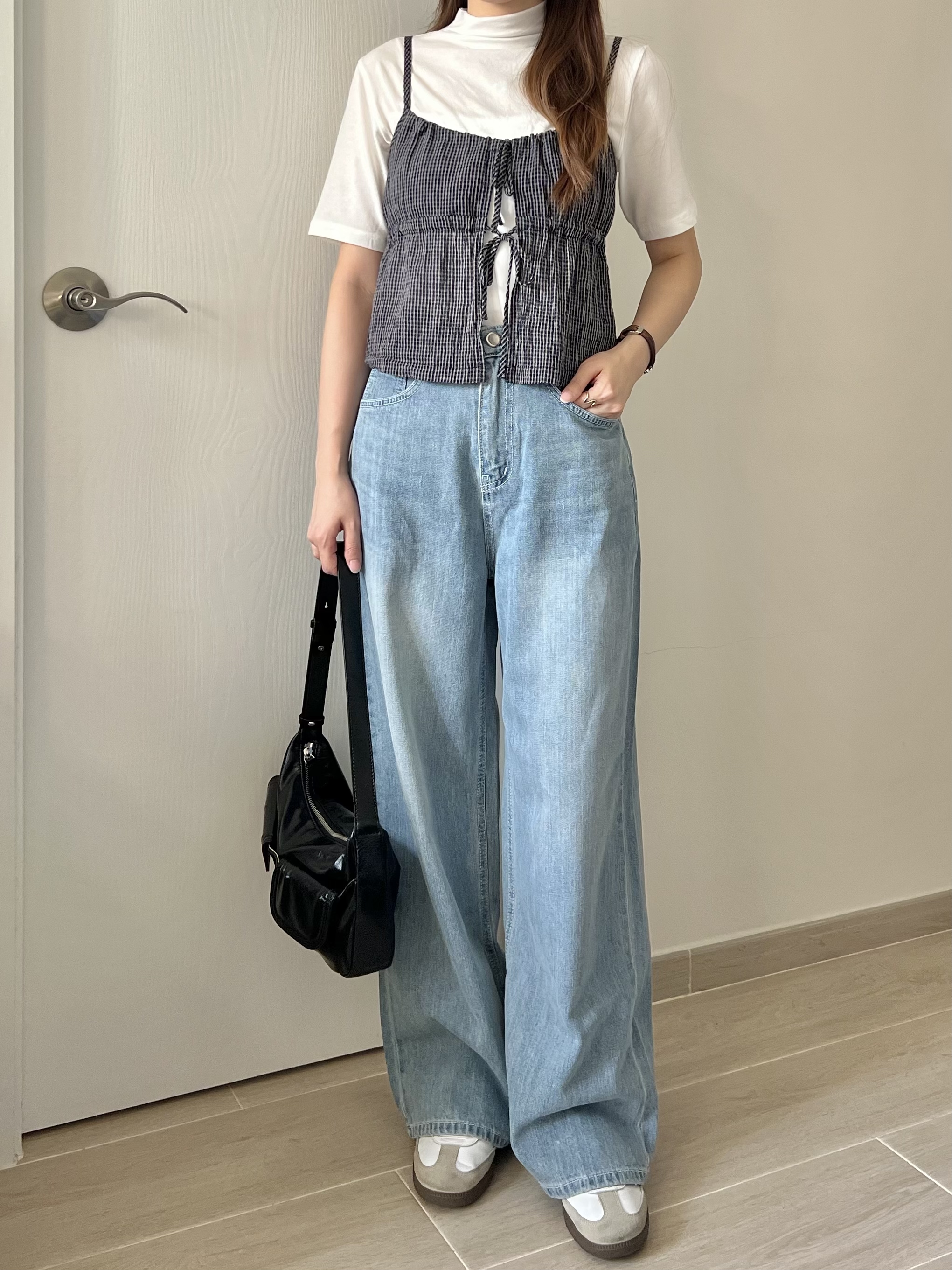 雙結皺皺格紋外搭背心 現貨