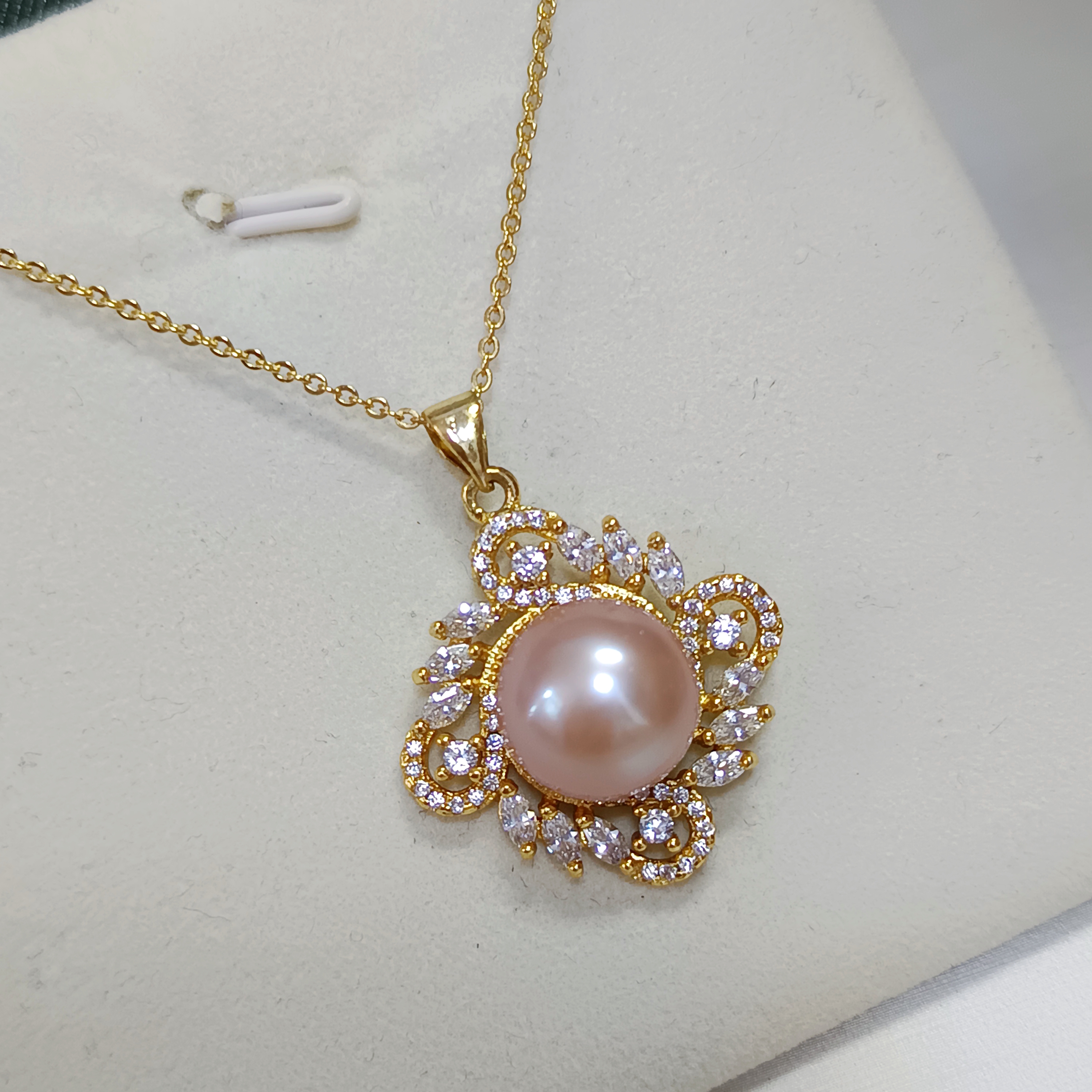 🎉99特價品🎉厚圓強光愛迪生粉色珍珠注金鑲鋯石吊墜套鍊
