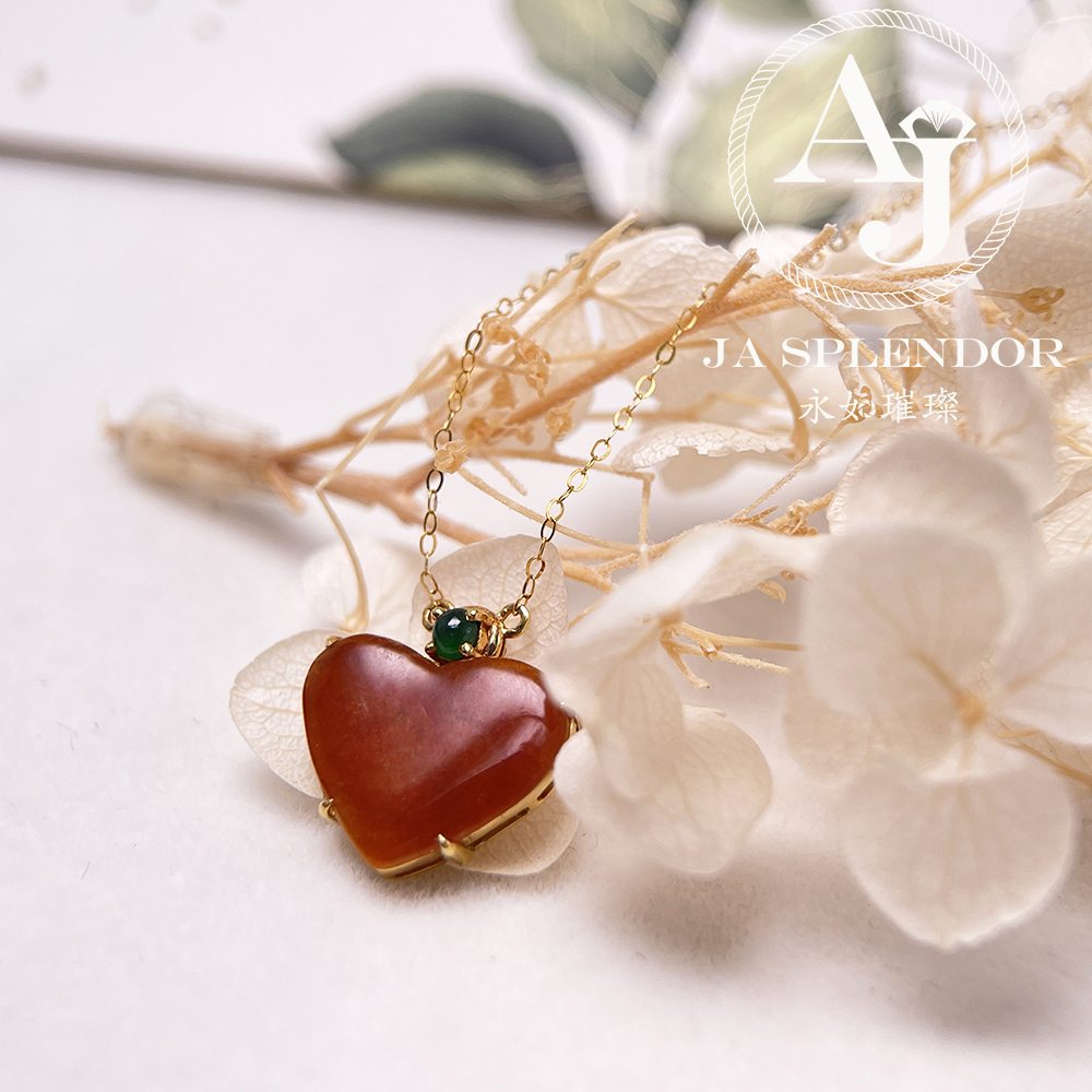 JNk-12 天然翡翠A玉 冰潤紅翡翠心心相印18K金吊墜連項鏈