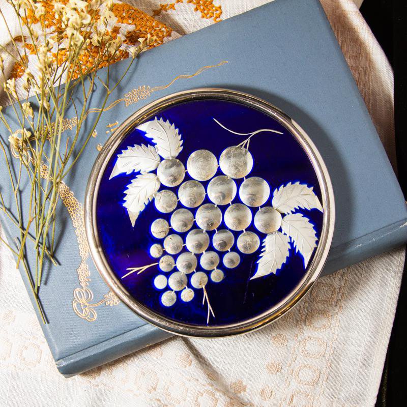 Vintage Czechoslovakia Intaglio Cut Grape Pattern Blue & Silver Glass Round Mat / Large Coaster(CB118)