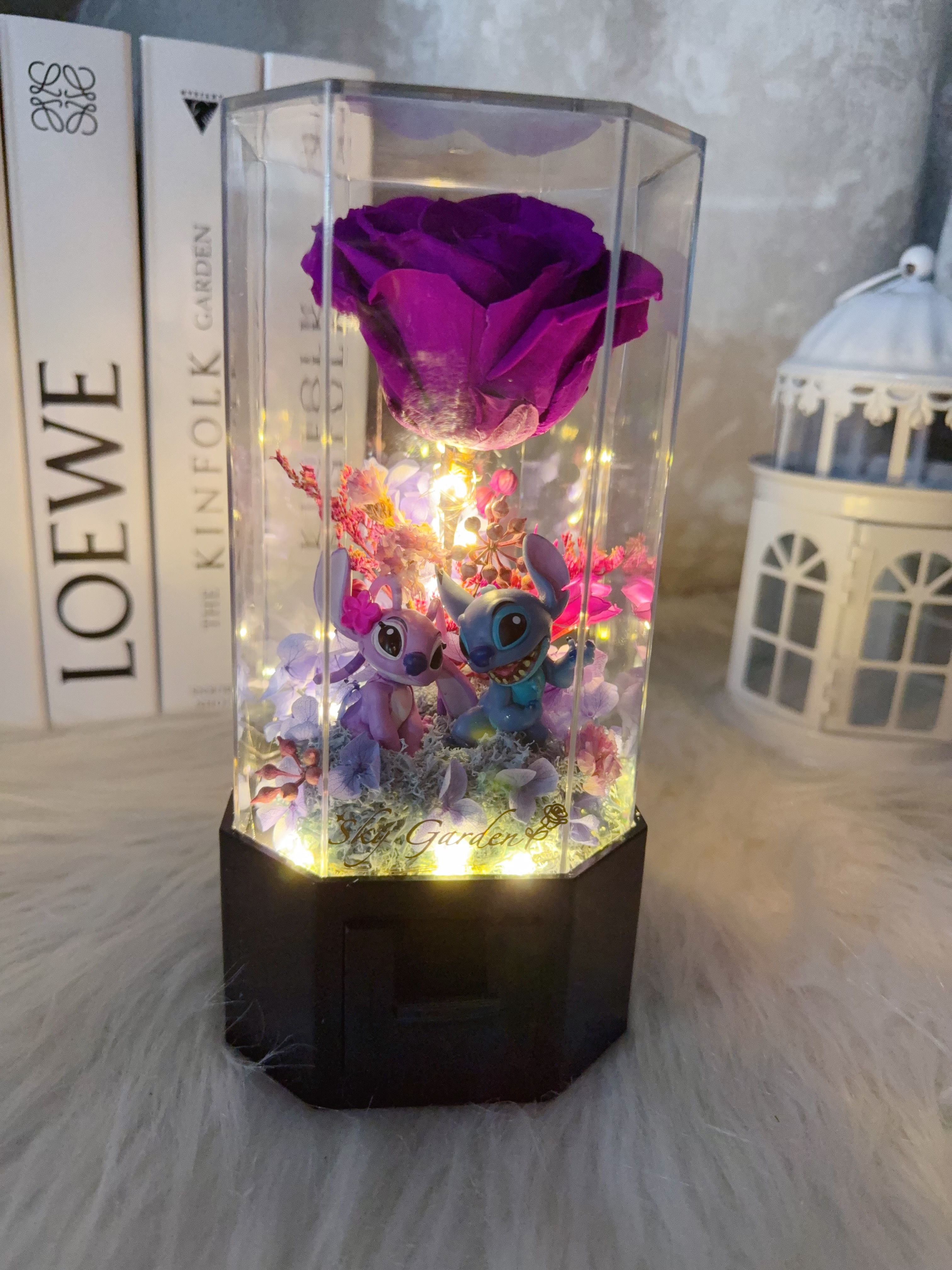 史迪仔&女朋友紫紅玫瑰永生花飾物盒花盒