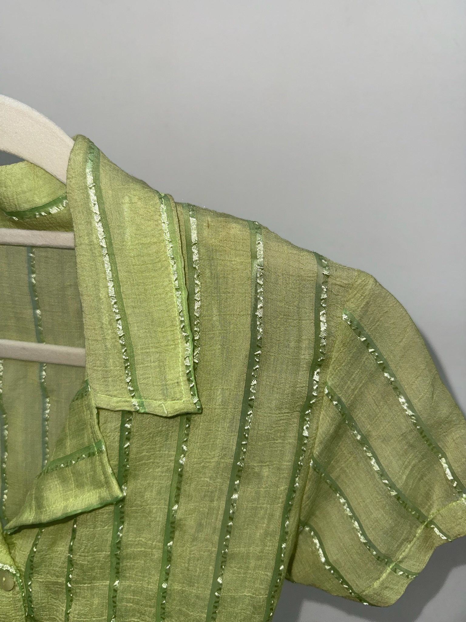 Pistachio Green Cap Sleeve Tie-Back Shirt with Glitter Stripes