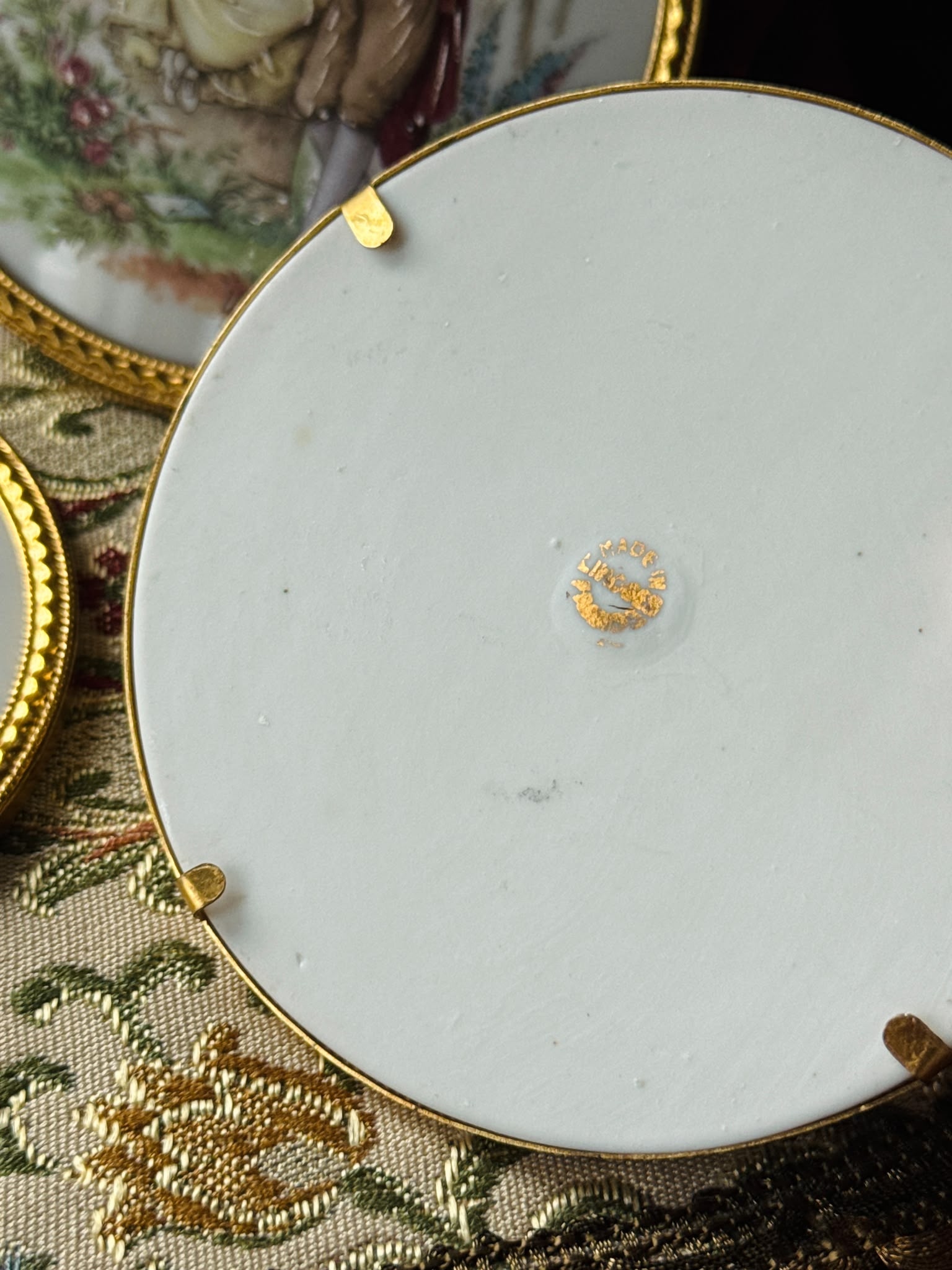 Vintage French Limoges Porcelain Decorative Plaques Rococo courting scenes Gilt metal frames - Set of 3 (MT2632)