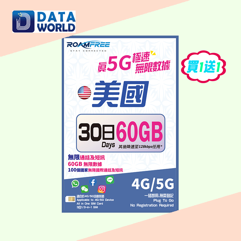 【買1送1優惠】Roamfree X Lyca Mobile 4G/5G 美國30日60GB無限數據卡 x2