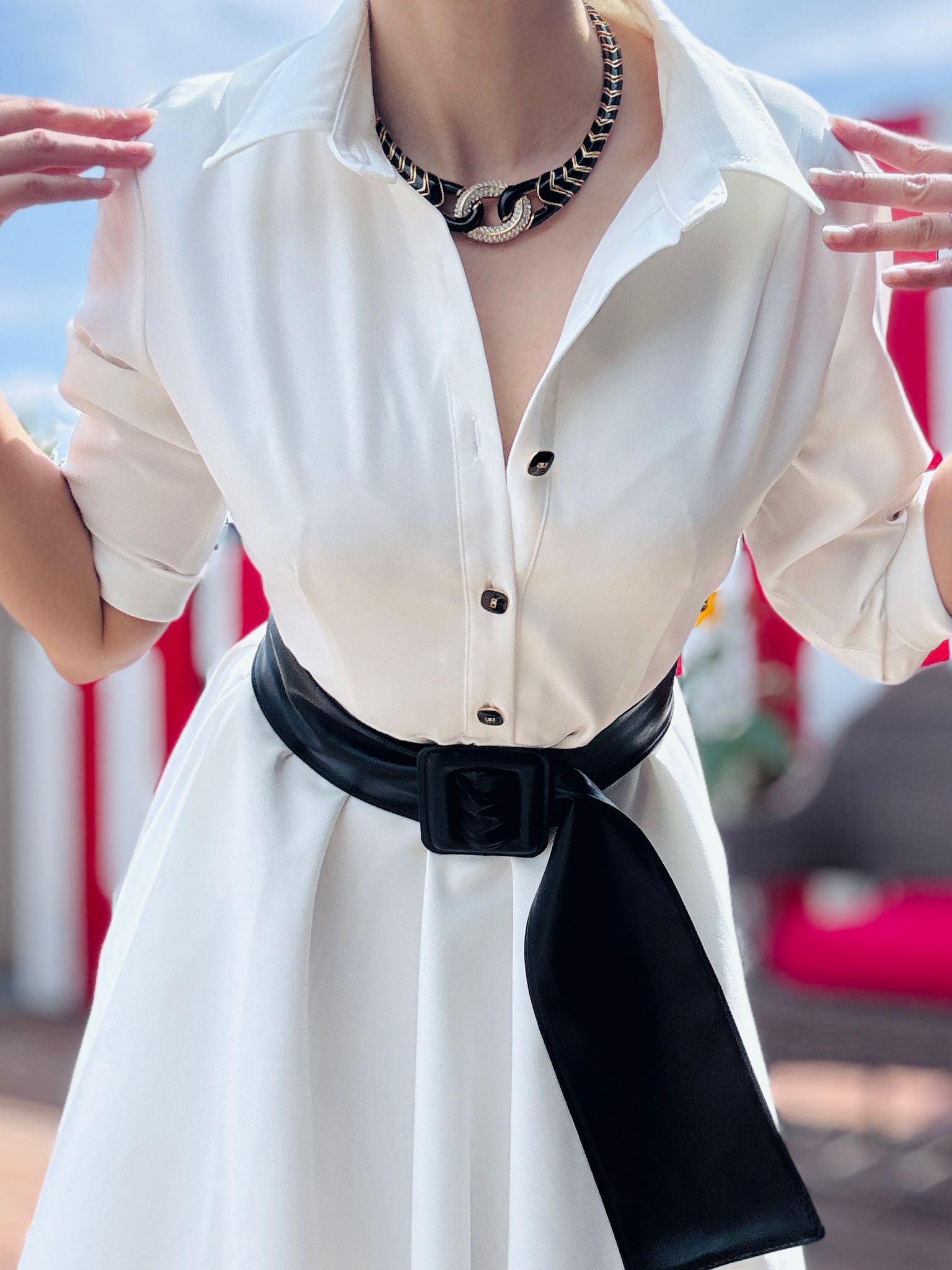 (Custom-Made) Ivory Heirloom Shirtdress with Vintage Buttons and Belt (FM237)