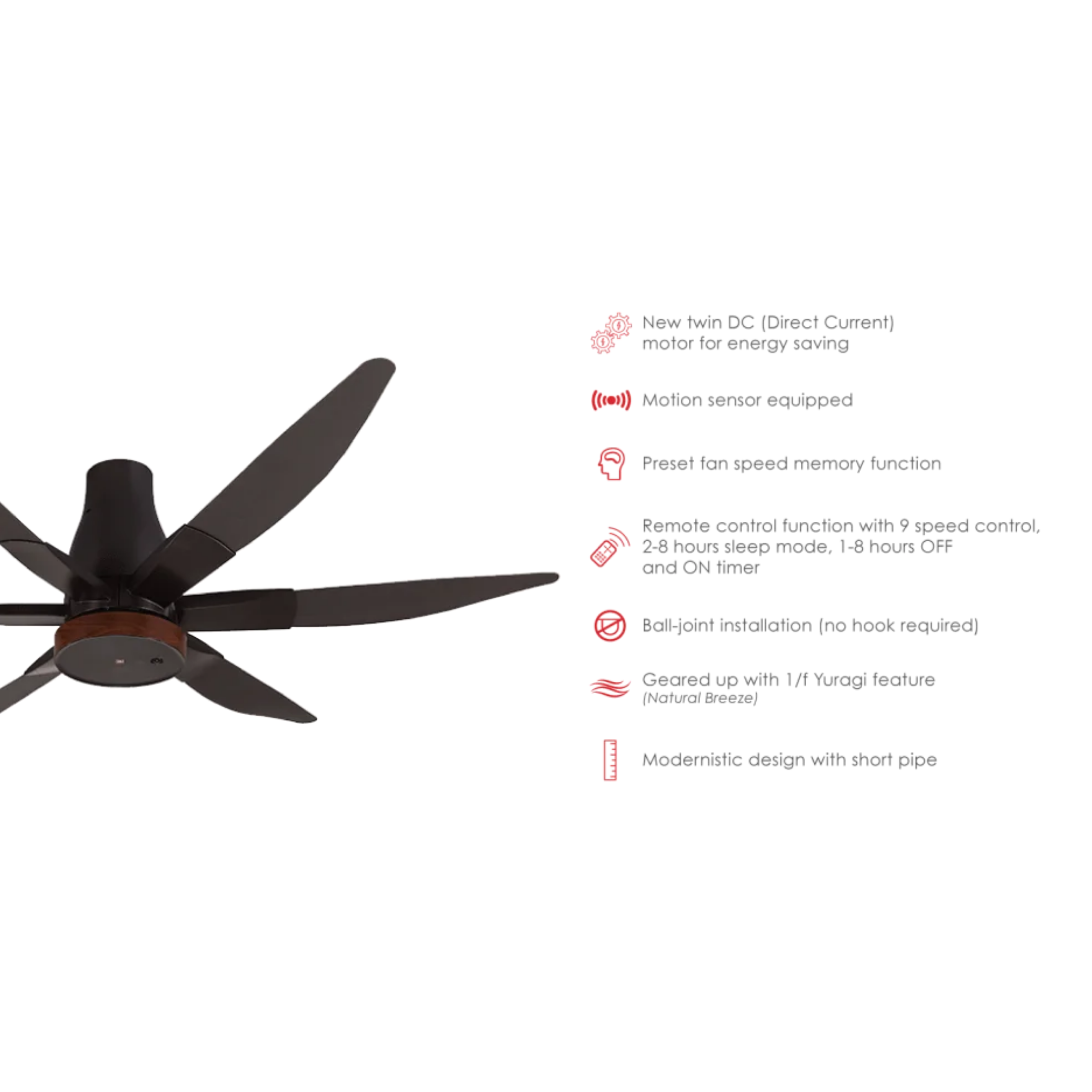 KDK 70" Ceiling Fan 6-Blade DC Motor Short Rod (K18NY-RBR)