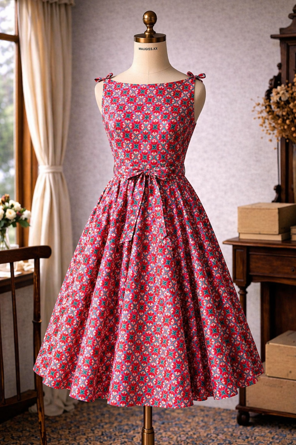 (Ready-Made) 1950s Style Silk Lustre Texture Boat Neck Fit & Flare Swing Dress With Bow Accent on Shoulder（FM213）