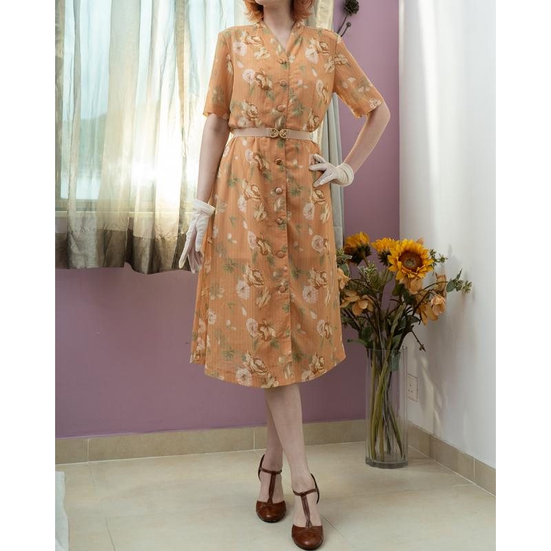 Vintage C.a. 1990s Light Tangerine Floral Pattern Button Up Summer Dress (MT1840-8)