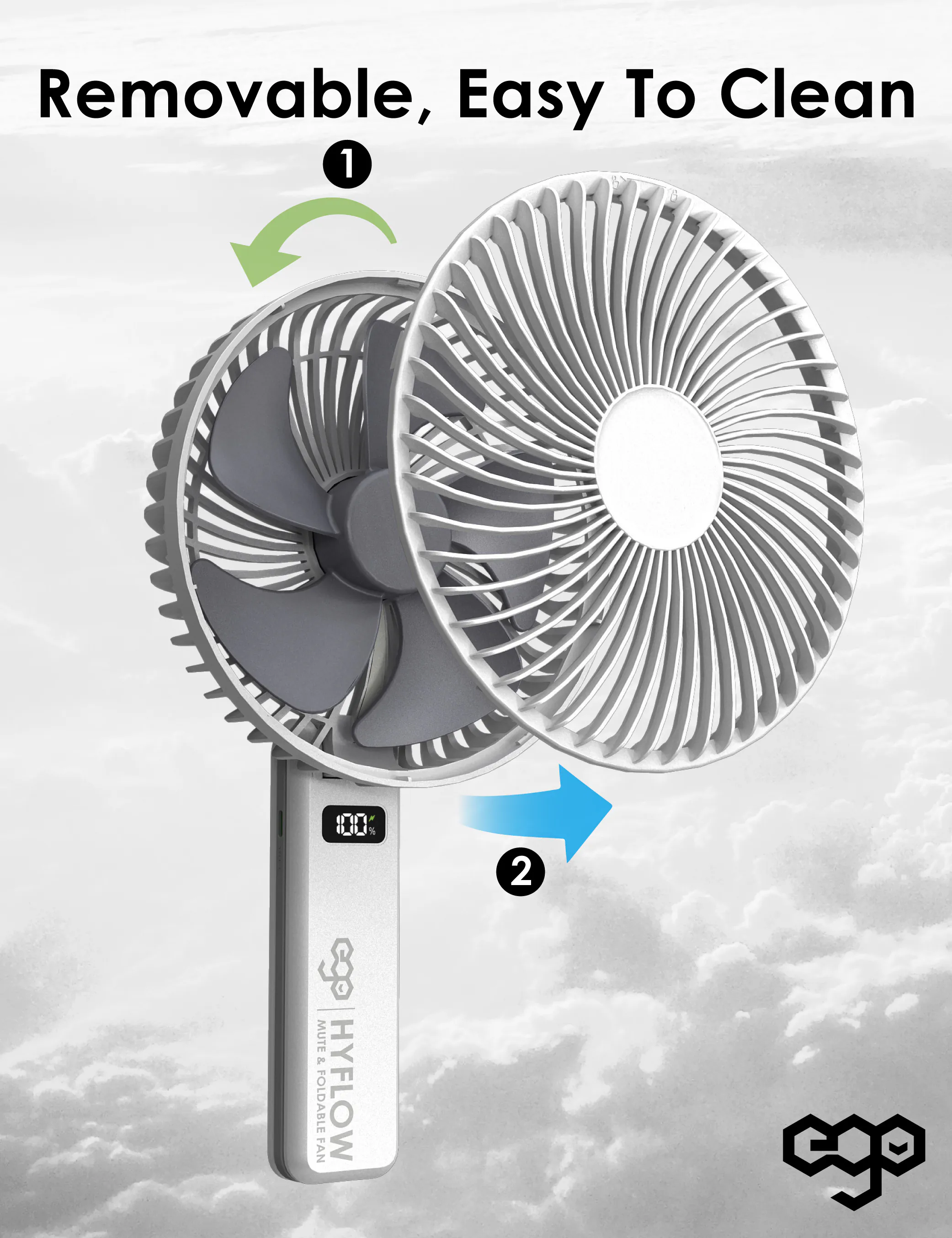 ego - HyFlow 16CM&摺疊風扇 充電式無線便攜風扇｜手提風扇 | LED顯示 | 35分貝靜音 | 180度角度調較