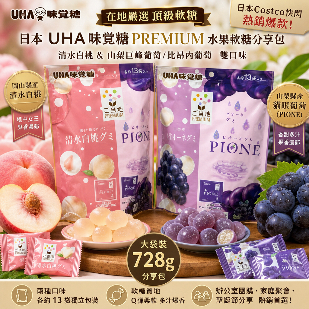 日本Costco快閃 UHA 味覺糖 在地嚴選頂級軟糖（清水白桃 & 山梨巨峰葡萄/比昂內葡萄）
