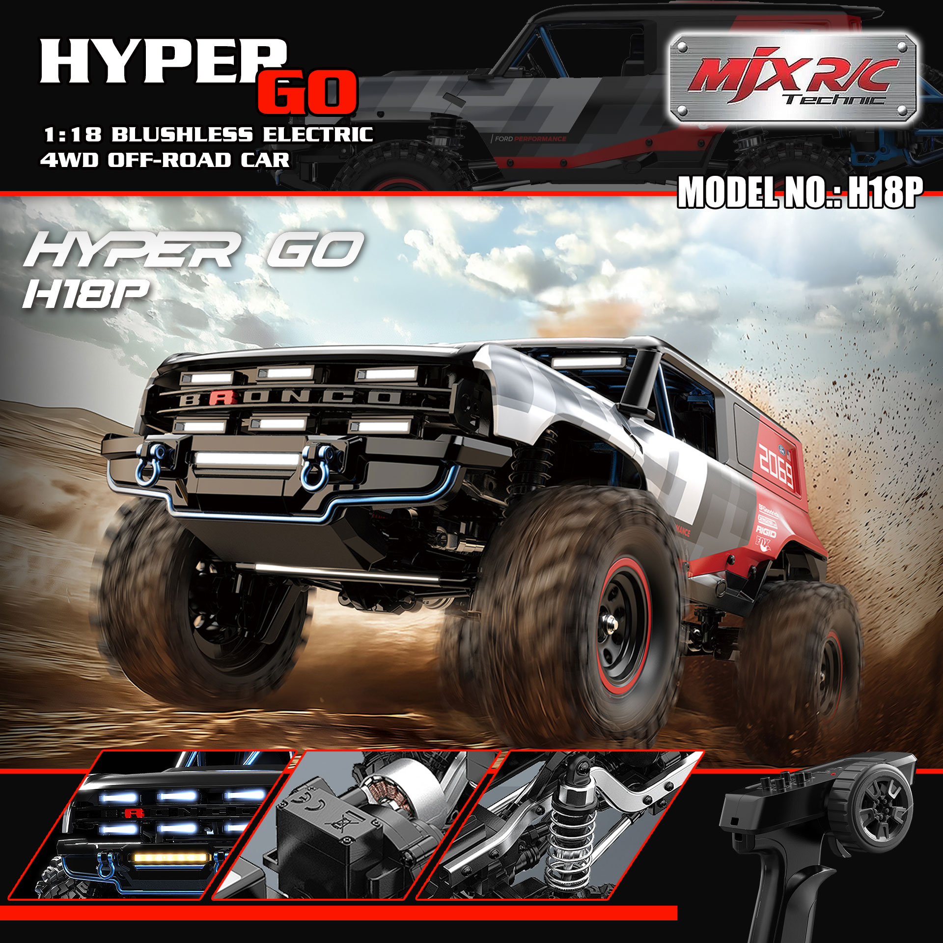 全新 美嘉欣 MJX R/C 1:18 H18P BAJA1000 Ford Bronco R 無刷攀爬車 | 福特授權車殼 | 無刷攀爬車 | 1606 4200KV 無刷馬達 |  DIG 坦克掉頭 | 精美硬殼