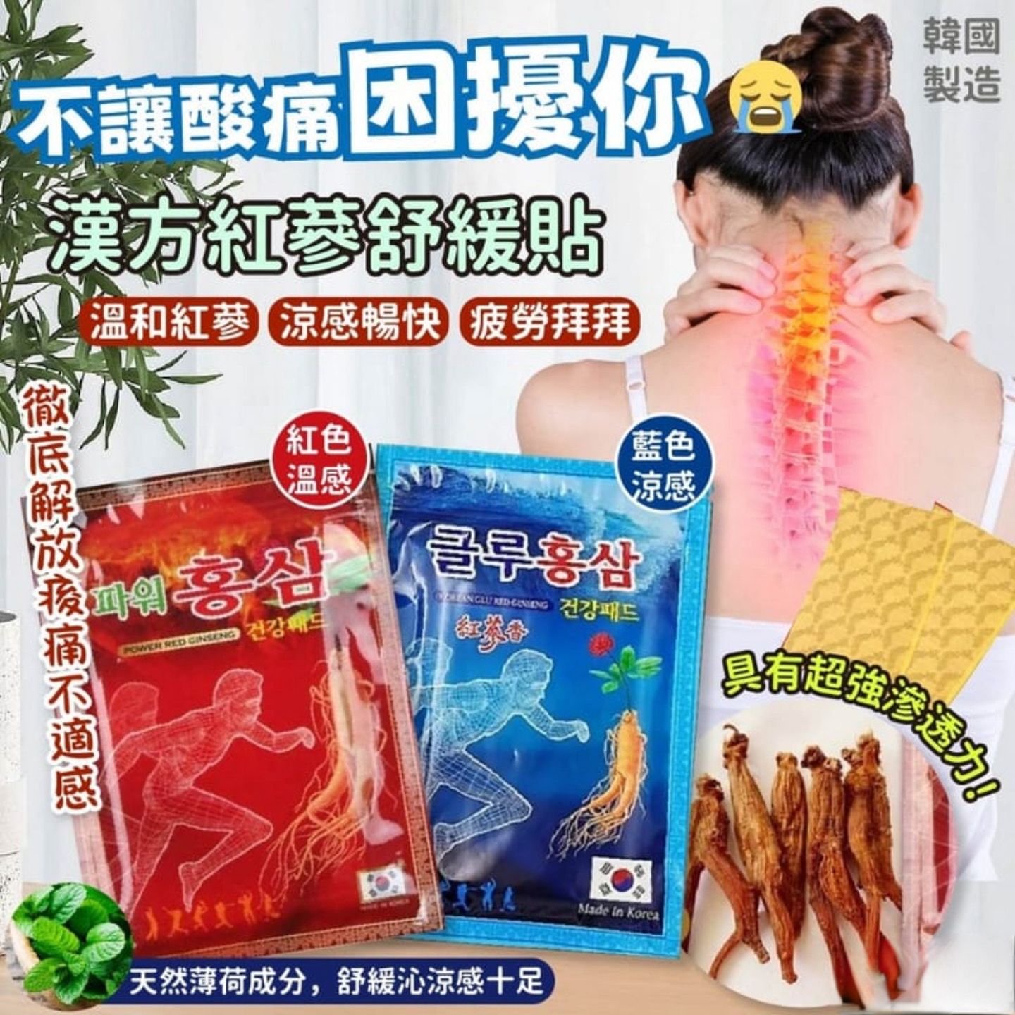 🇰🇷 韓國製造  漢方紅蔘舒緩貼  （1套5包】