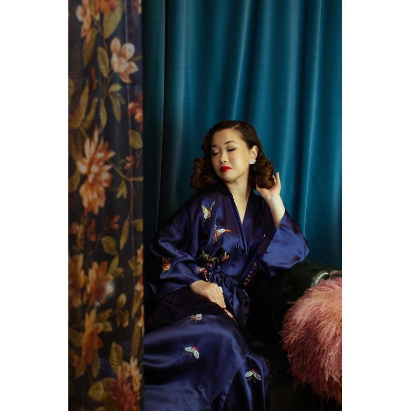Vintage c.a. 1990s Made in China Hand-Embroidered Silk Bathrobe NEW OLD STOCK- Butterfly