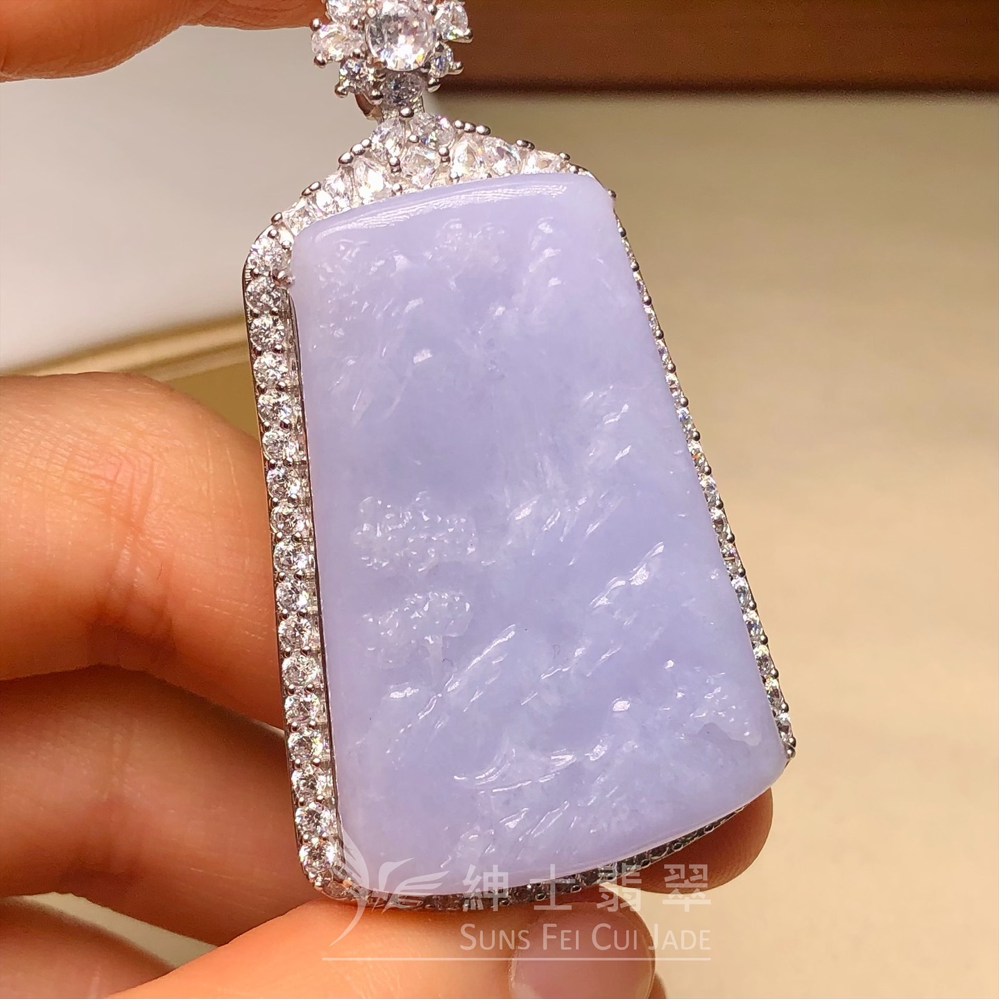 紫羅蘭山水牌銀鑲鋯石吊墜