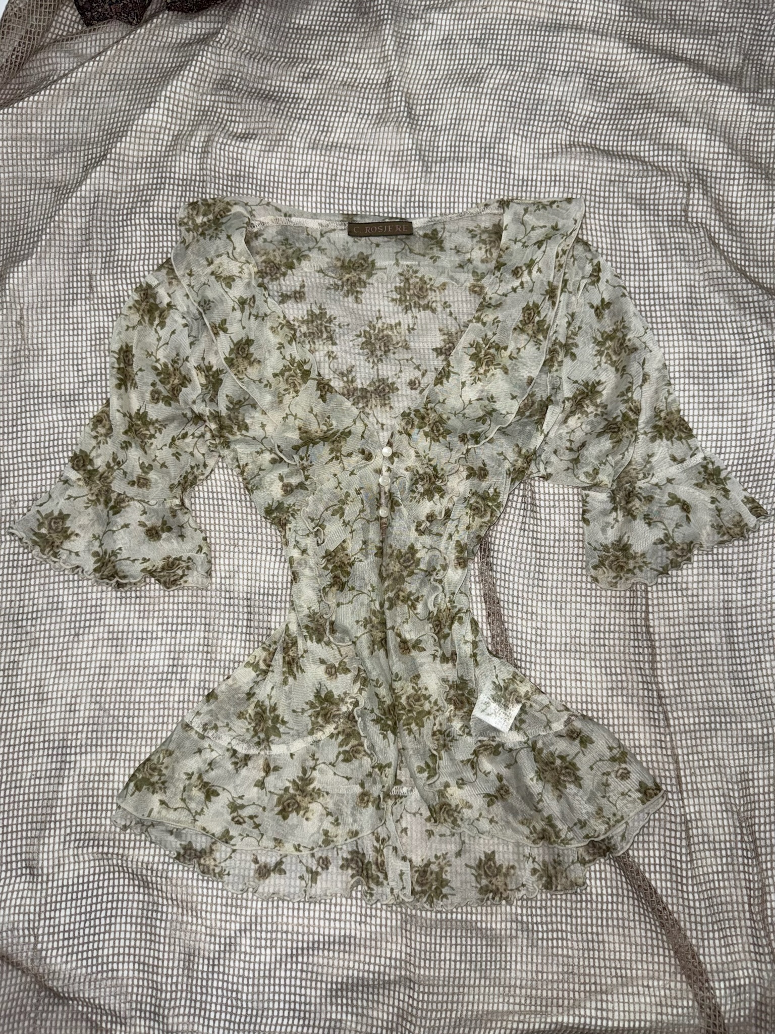 Ethereal Sage Floral Sheer Cardigan with Flared Sleeves