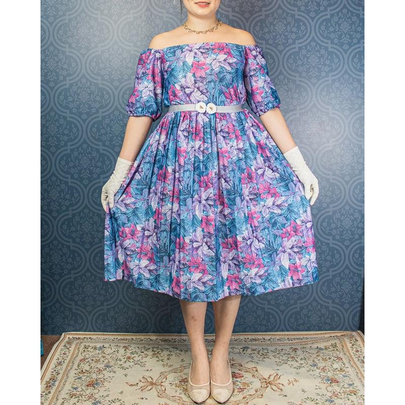 Remade - Made in USA Tropical Violet and Blue Floral Off-shoulder Day Dress (MU104-13)