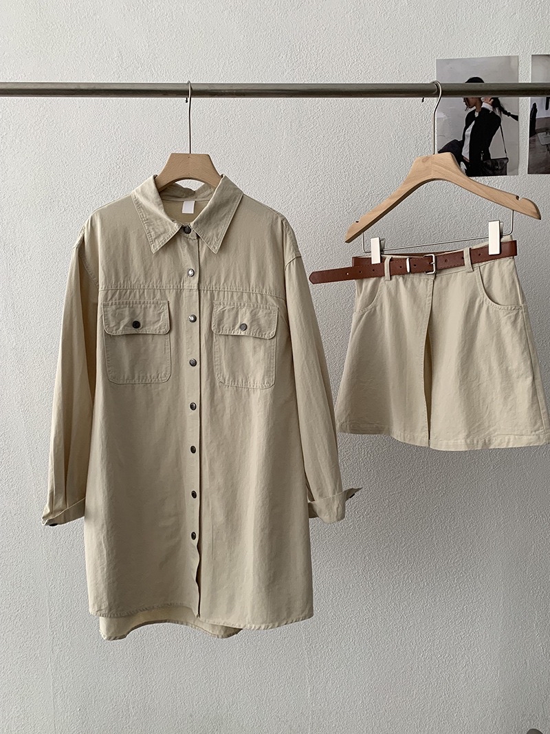 韩版复古宽松单排扣长袖衬衫+高腰屁帘套装