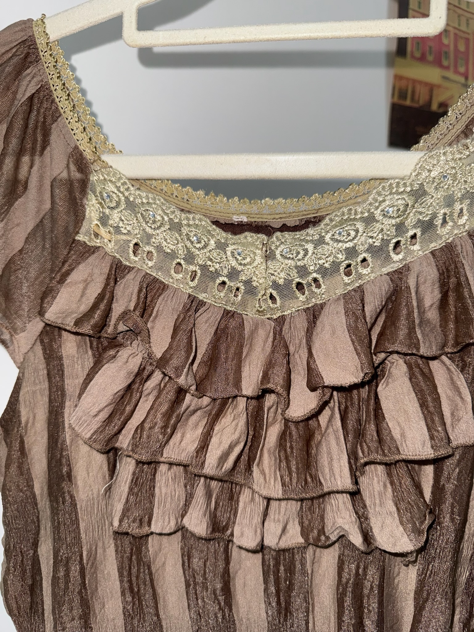 Vintage Brown Tiered Chest Ruffles Striped Crinkled Blouse