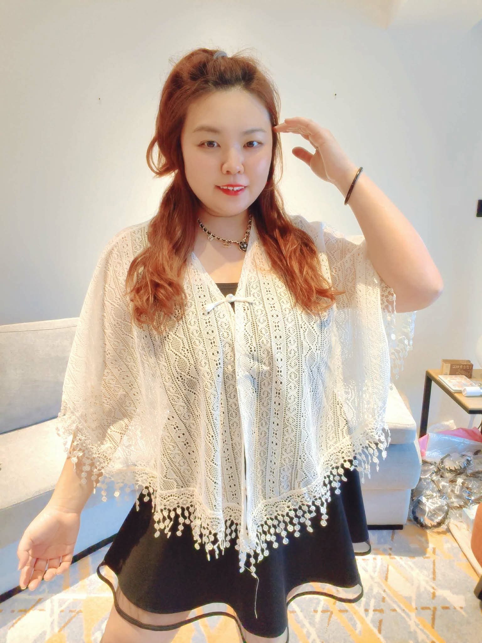 YPD09 26070 中式针织蕾丝镂空流苏斗篷外套